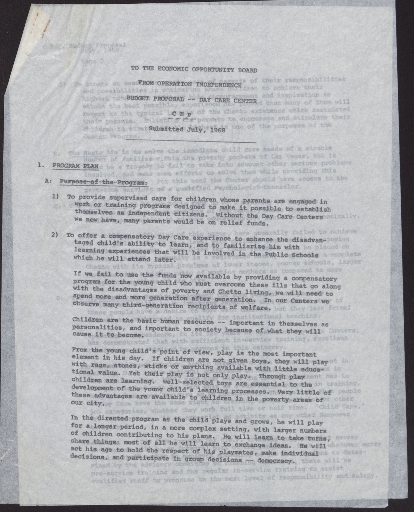 Budget Proposal to the EOB from Operation Independence (5 pages), July 1968
