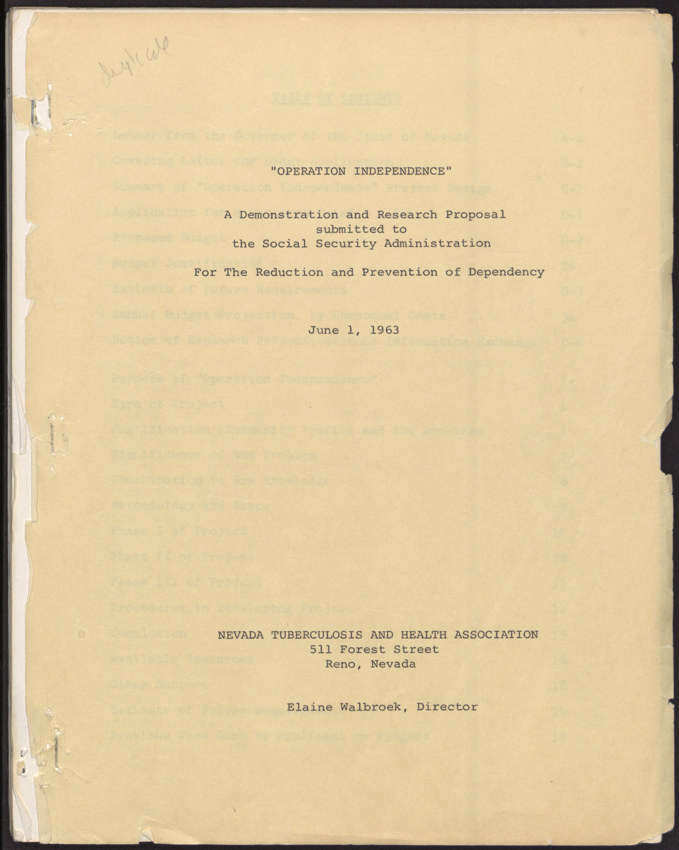 Demonstration and and Research Proposal submitted to the Social Security Administration For the Reduction and Prevention of Dependency (79 pages), June 1, 1963