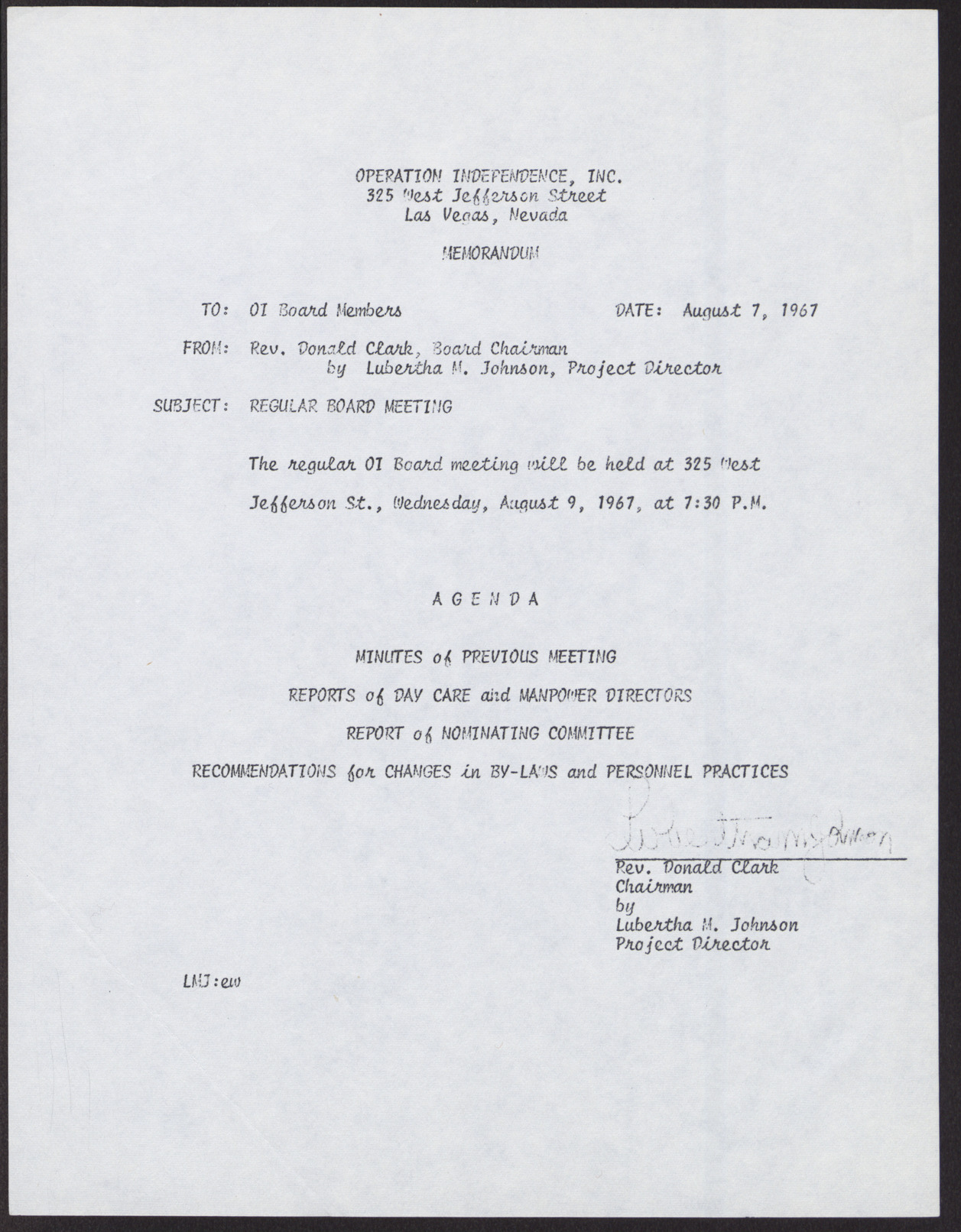 2 Copies of Memorandum to Operation Independence Board Members from Rev. Donald Clark by Lubertha M. Johnson, August 7, 1967