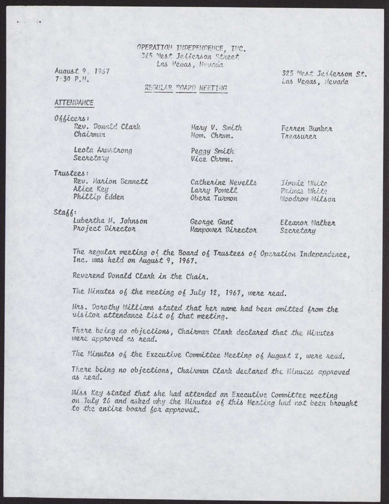 2 Copies of Minutes from Operation Independence Board Meeting (5 pages each), August 9, 1967