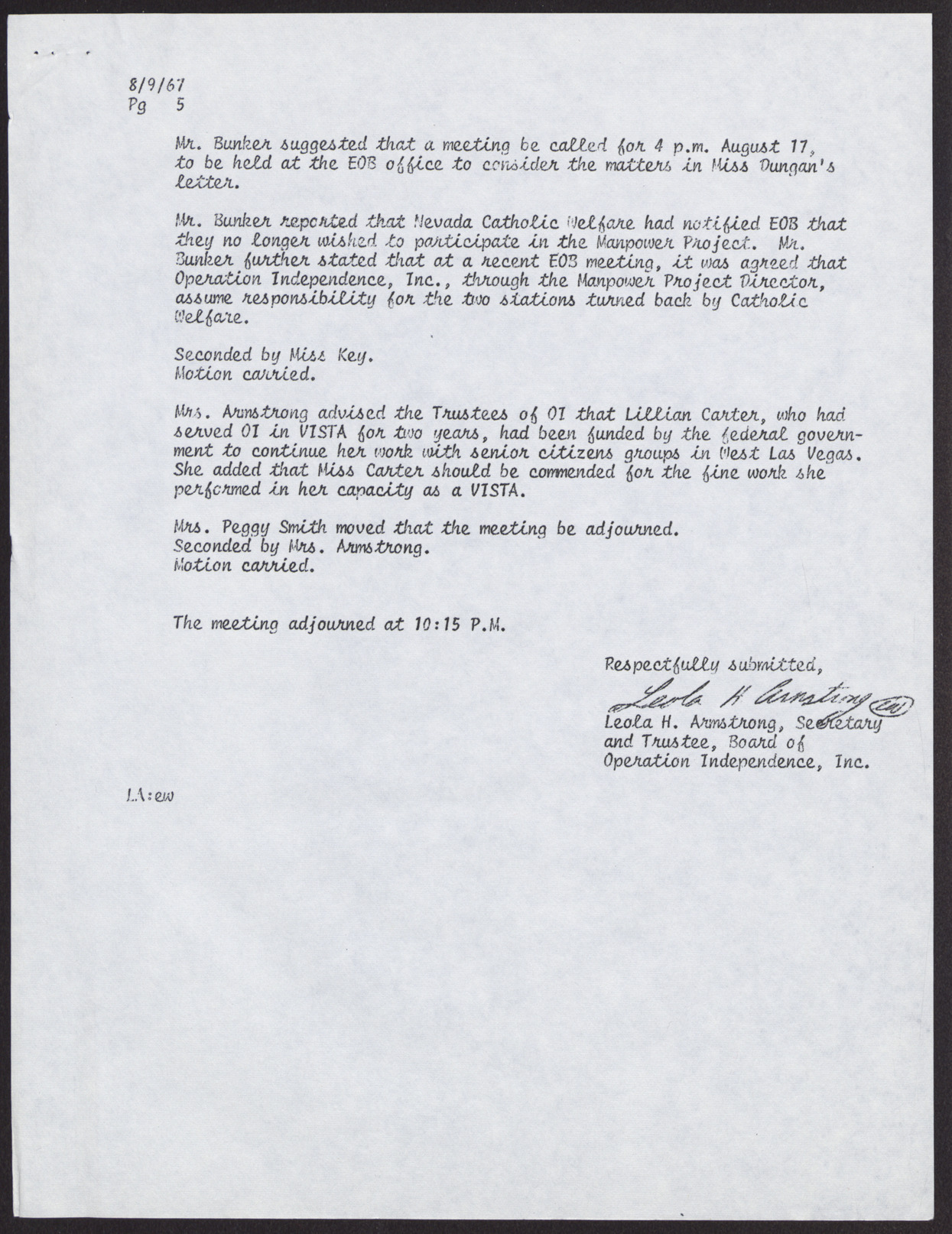 Minutes from Operation Independence Board Meeting (5 pages each), August 9, 1967, page 5