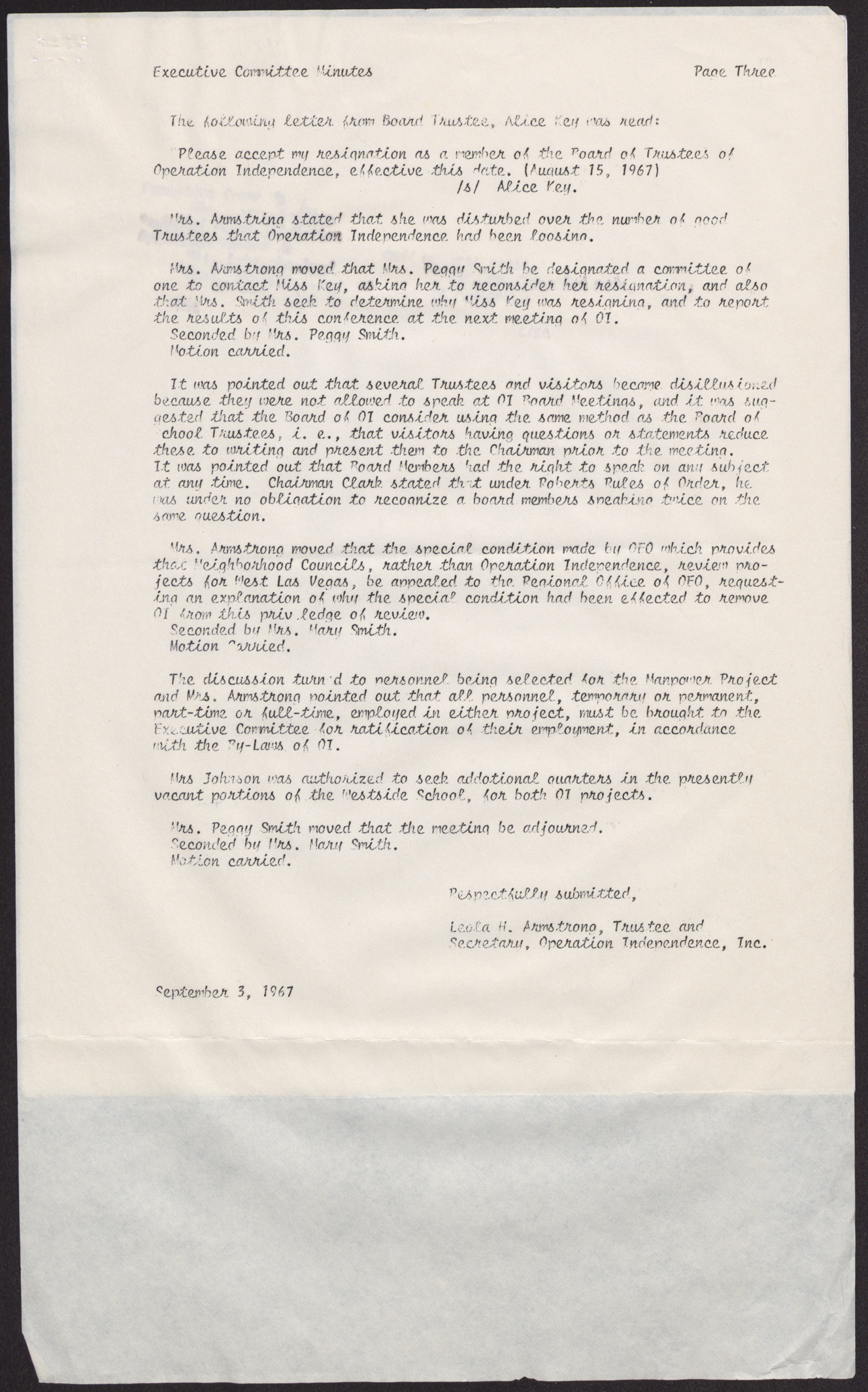 Minutes from an Operation Independence, Inc. Executive Committee Meeting (4 pages), August 16, 1967, page 4