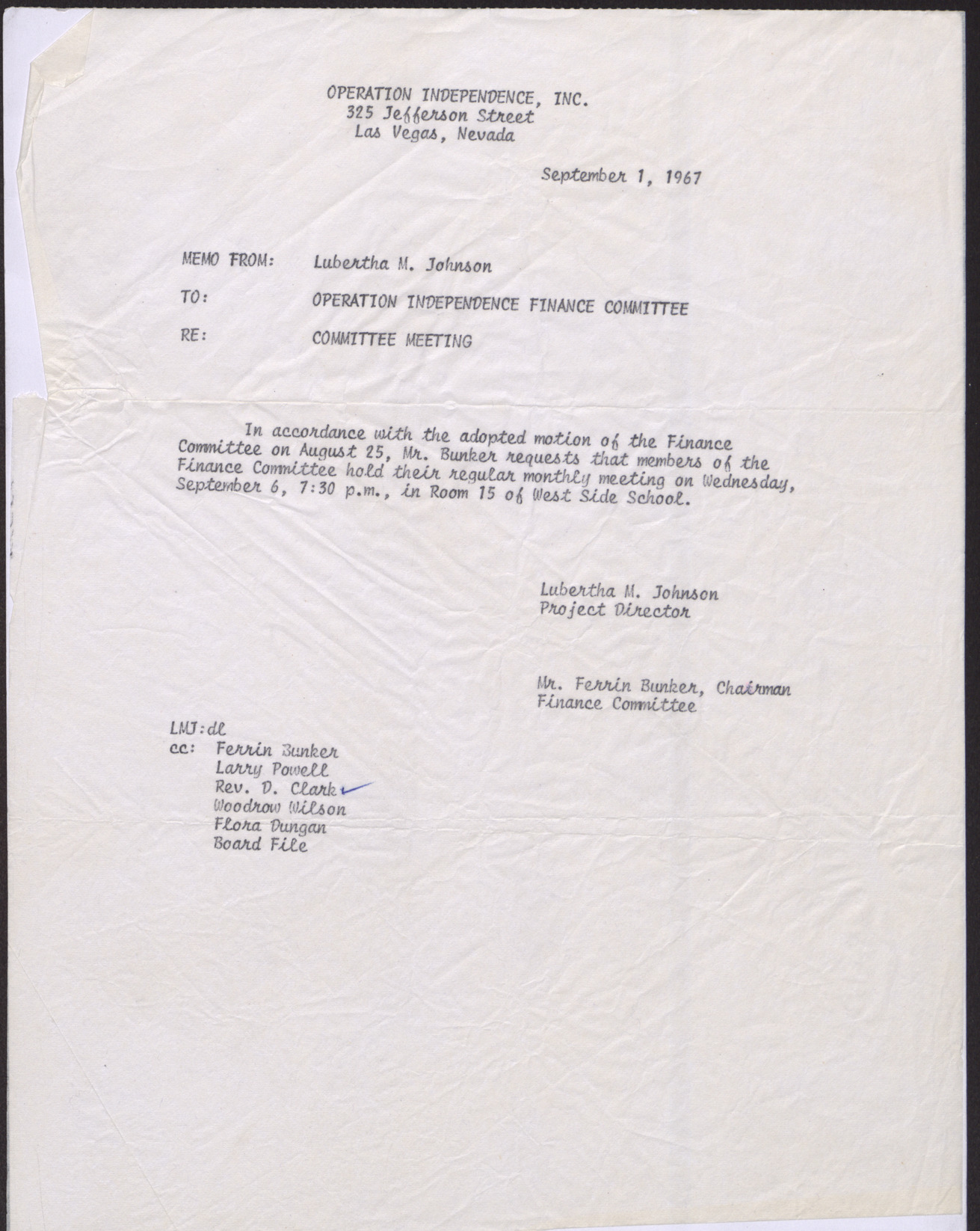 Memo to Operation Independence Finance Committee from Lubertha M. Johnson, September 1, 1967