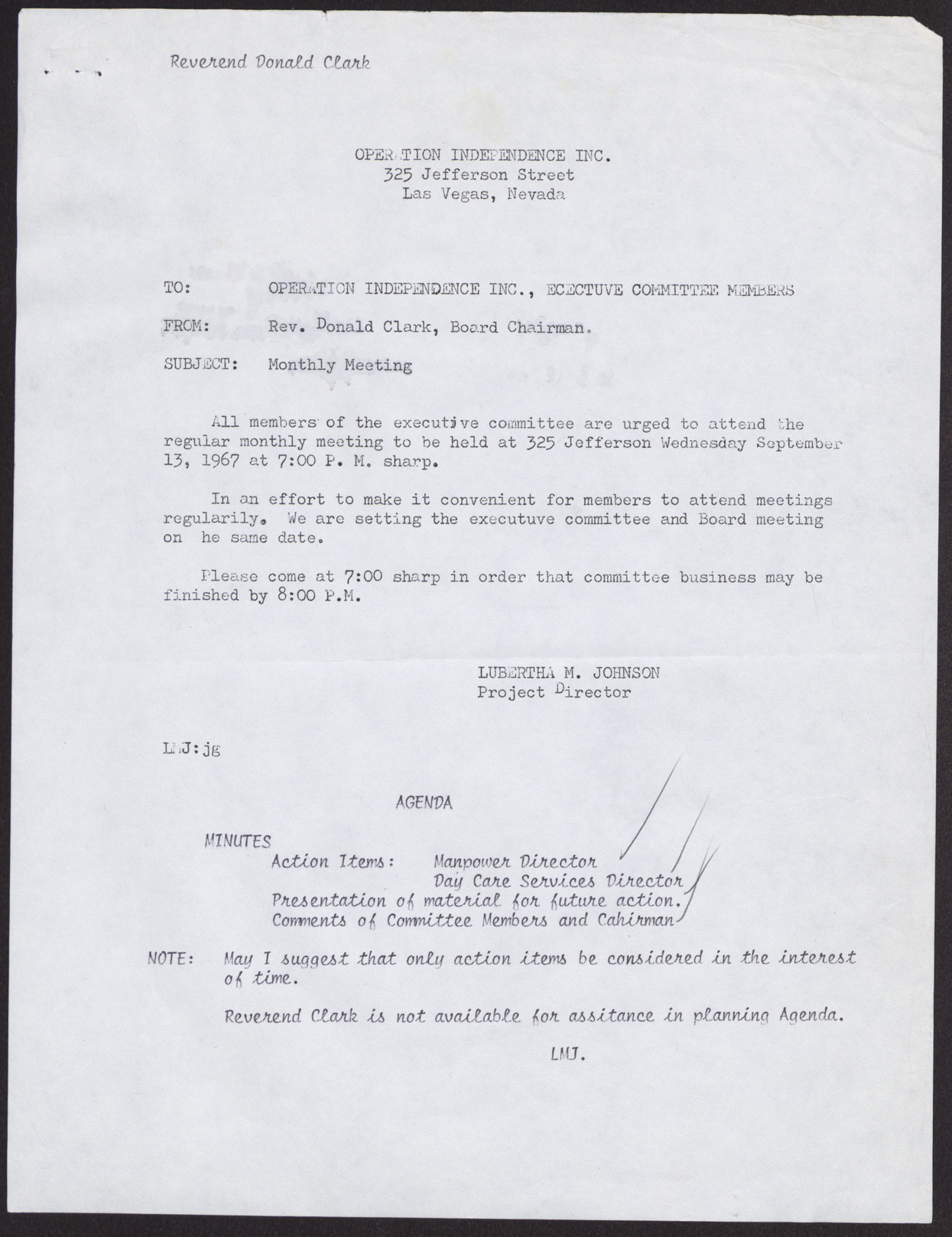 Letter to Operation Independence Inc., Executive Committee Members from Rev. Donald Clark, no date