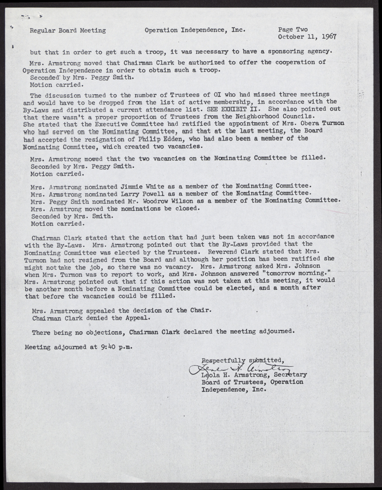 Minutes from Operation Independence, Inc. Regular Board Meeting; Progress Report; and Attendance Sheet (4 pages), October 11, 1967, page 2