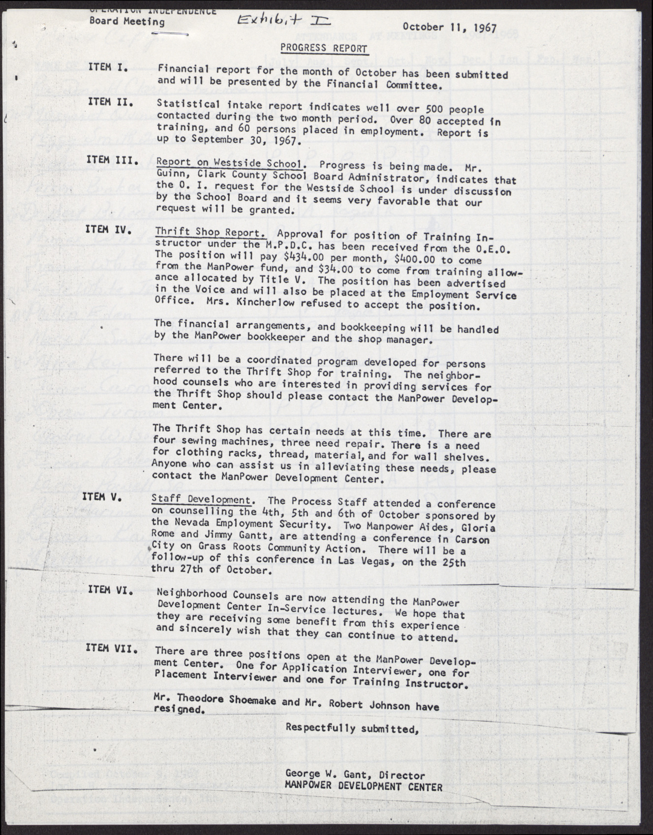 Minutes from Operation Independence, Inc. Regular Board Meeting; Progress Report; and Attendance Sheet (4 pages), October 11, 1967, page 3