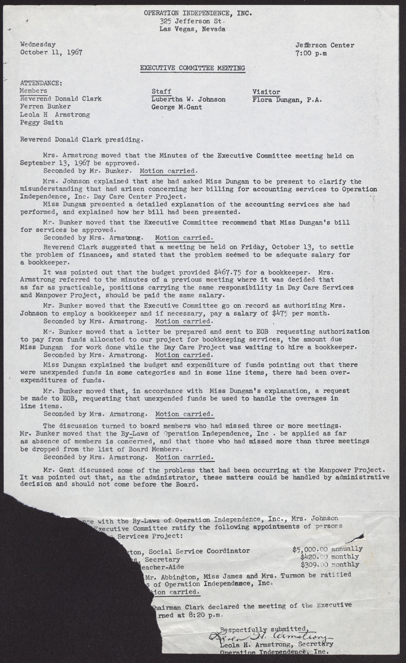 Minutes from Operation Independence, Inc. Regular Board Meeting; Progress Report; and Attendance Sheet (4 pages), October 11, 1967, page 4