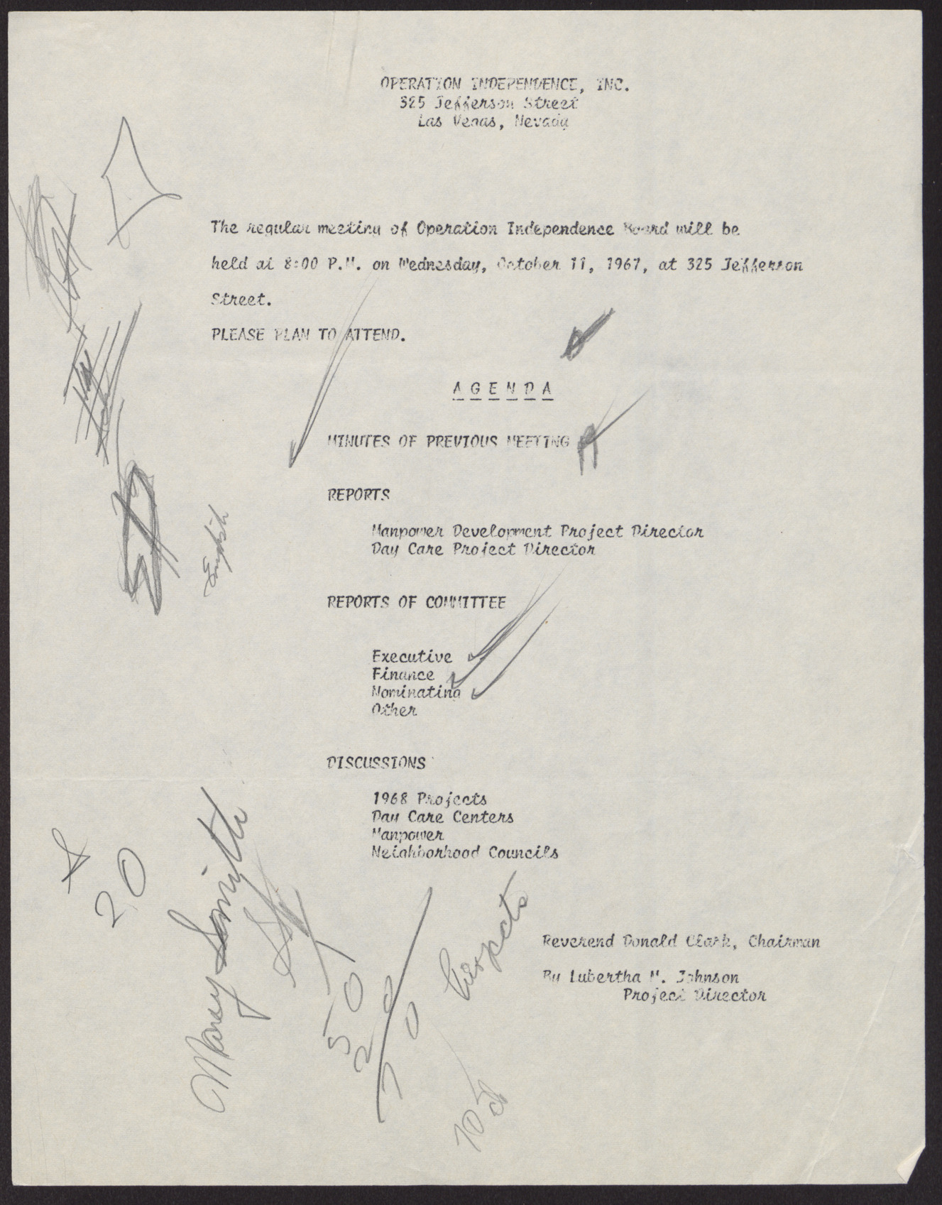 Agenda from Operation Independence Executive Committee Meeting, October 11, 1967