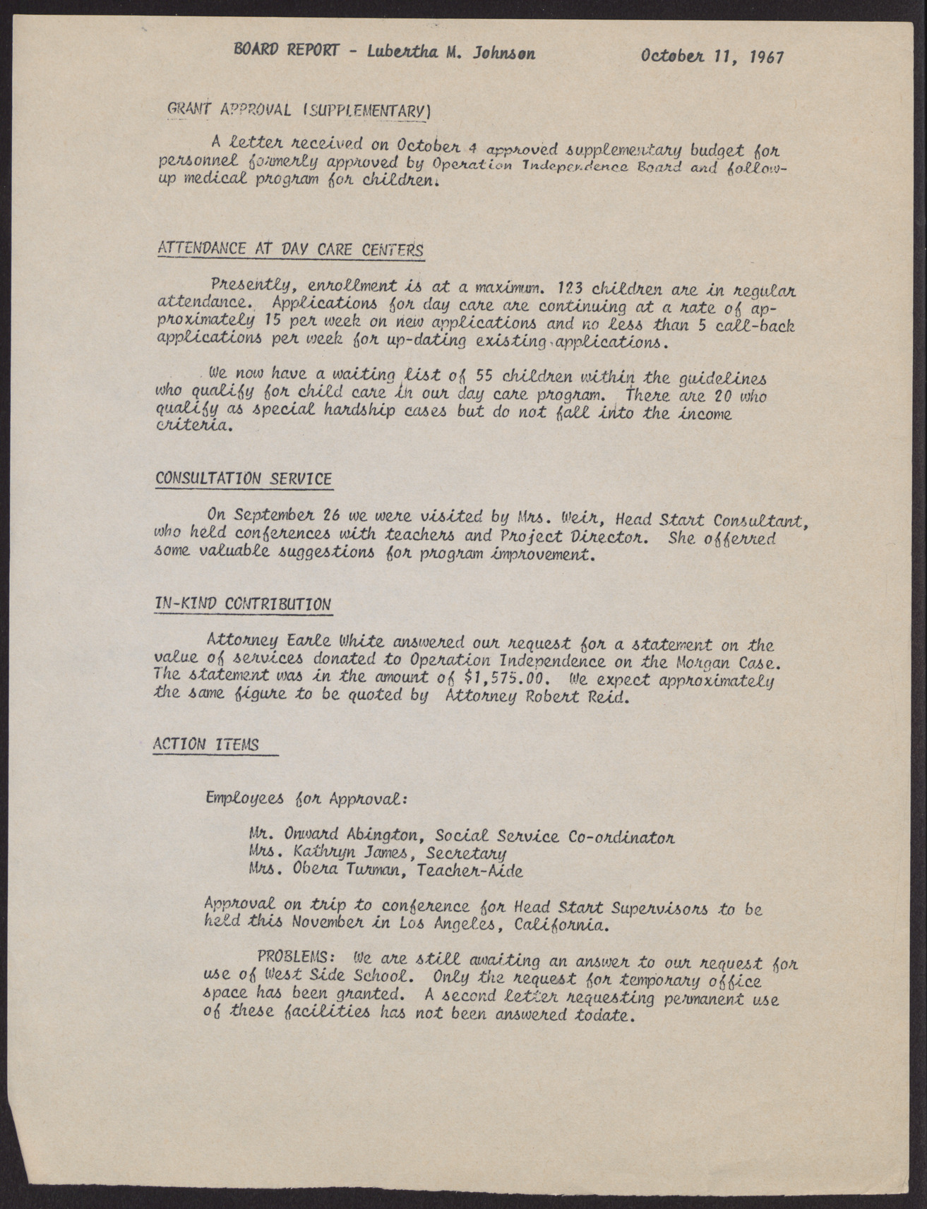 Operation Independence Board Report, October 11, 1967