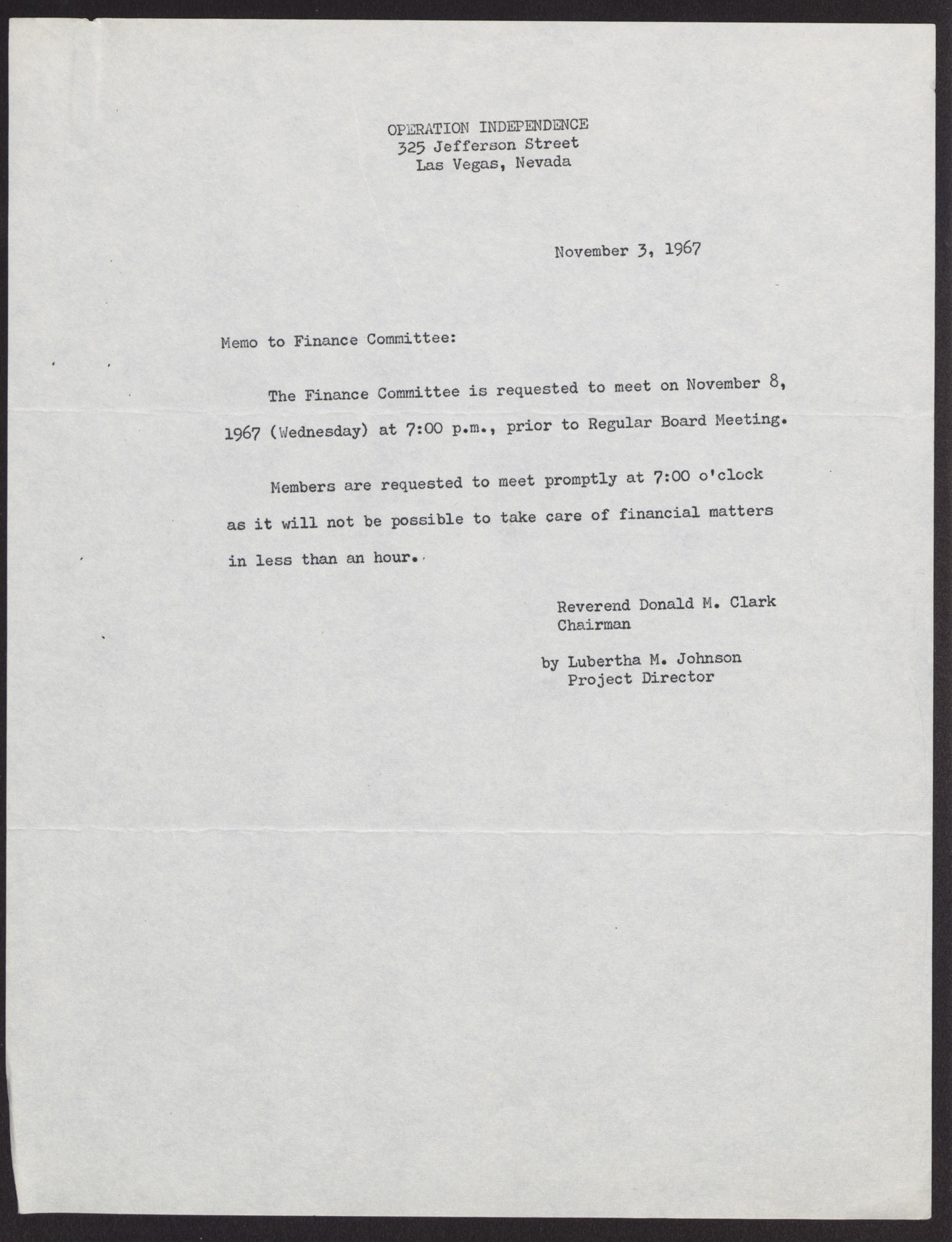 Memo to Operation Independence Finance Committee from Lubertha M. Johnson, November 3, 1967
