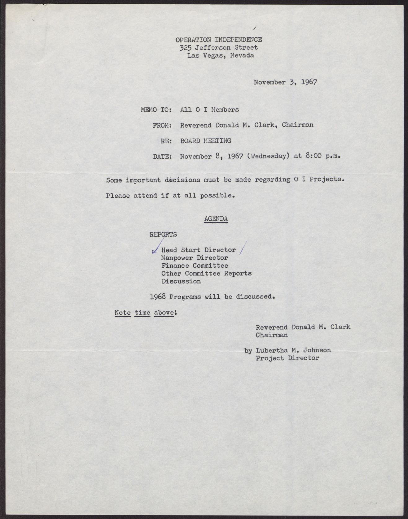 Letter to all Operation Independence Members from Reverend Donald M. Clark, November 3, 1967
