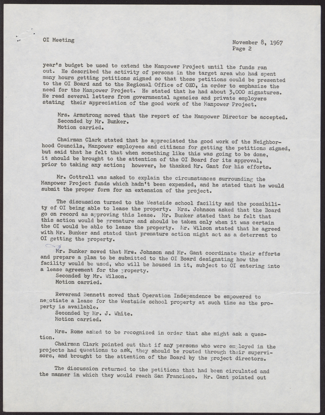 Minutes from Operation Independence Regular Board Meeting (4 pages), November 8, 1967, page 2