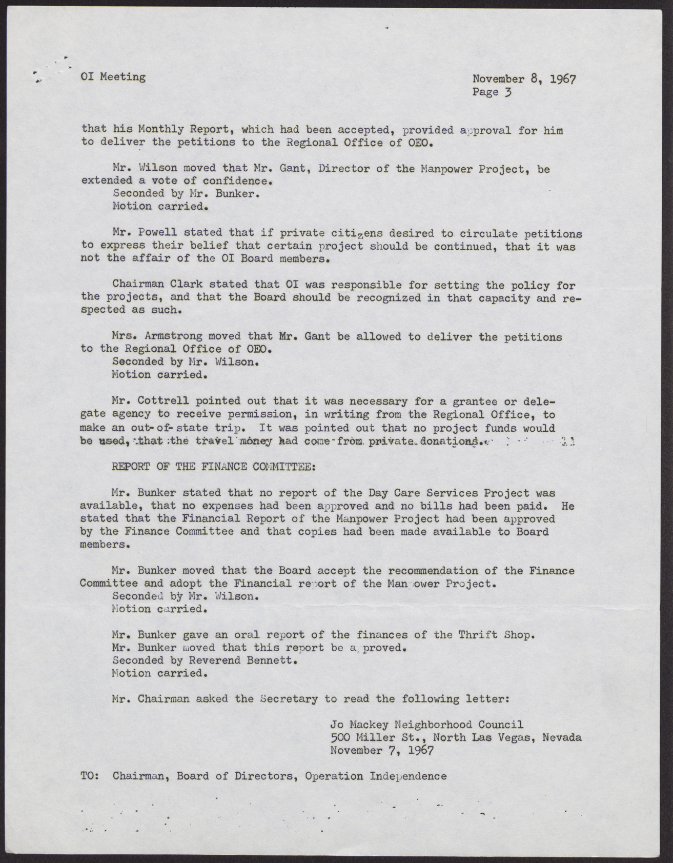 Minutes from Operation Independence Regular Board Meeting (4 pages), November 8, 1967, page 3