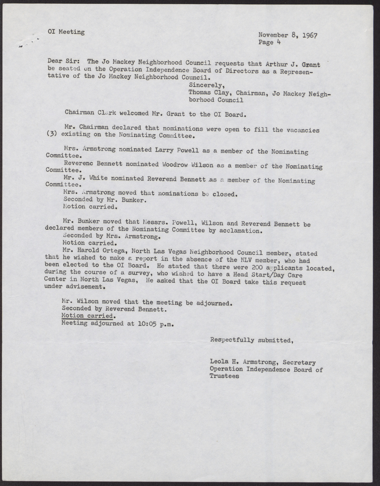 Minutes from Operation Independence Regular Board Meeting (4 pages), November 8, 1967, page 4