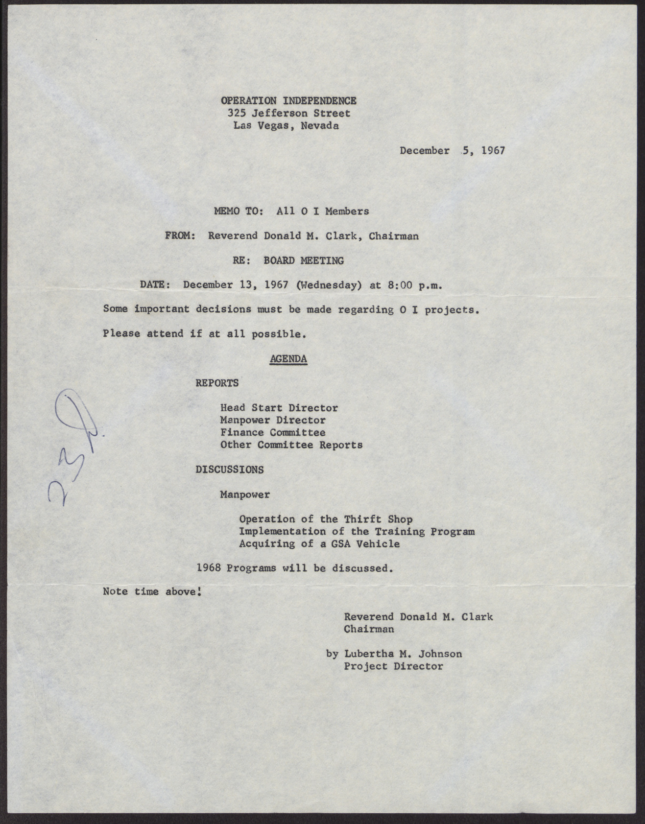 Memo to all Operation Independence Members from Reverend Donald M. Clark, December 5, 1967