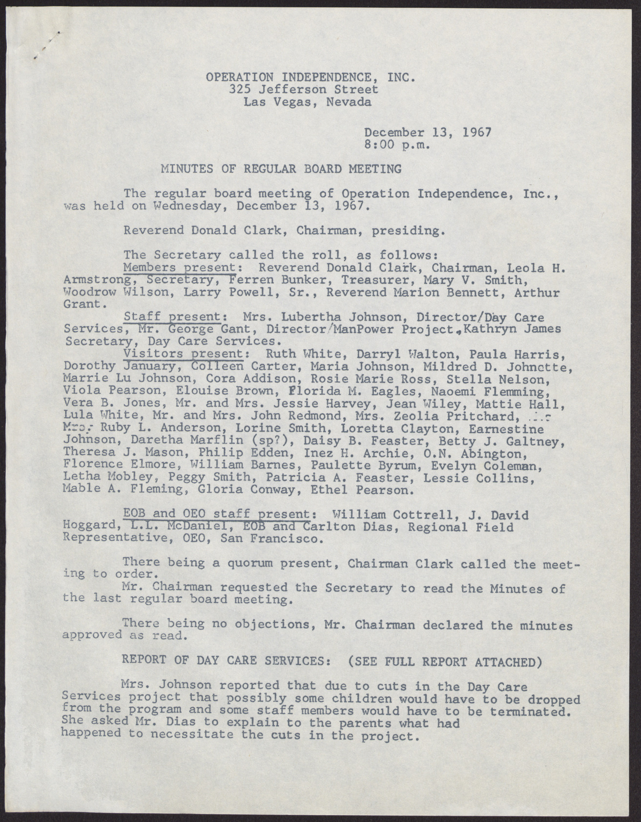 Minutes of Operation Independence Regular Board Meeting (4 pages), December 13, 1967