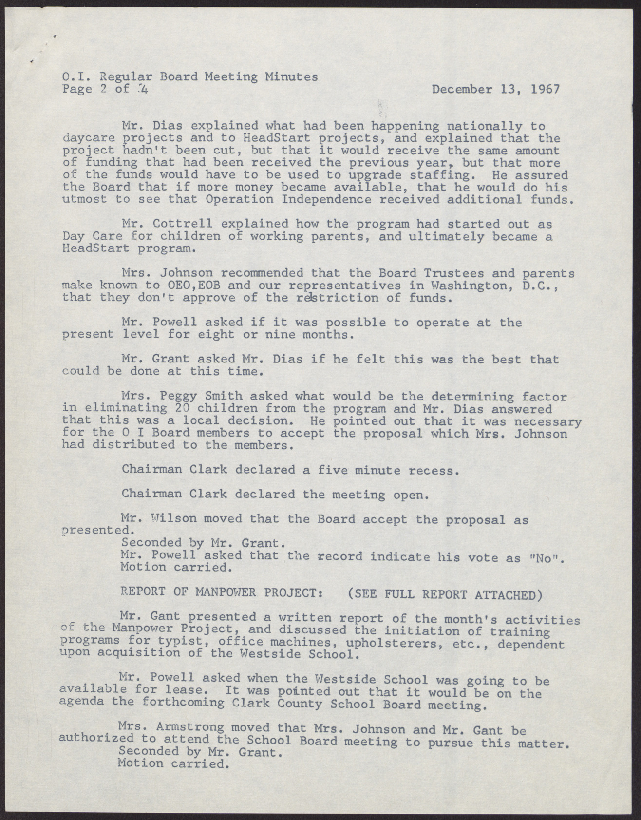 Minutes of Operation Independence Regular Board Meeting (4 pages), December 13, 1967, page 2