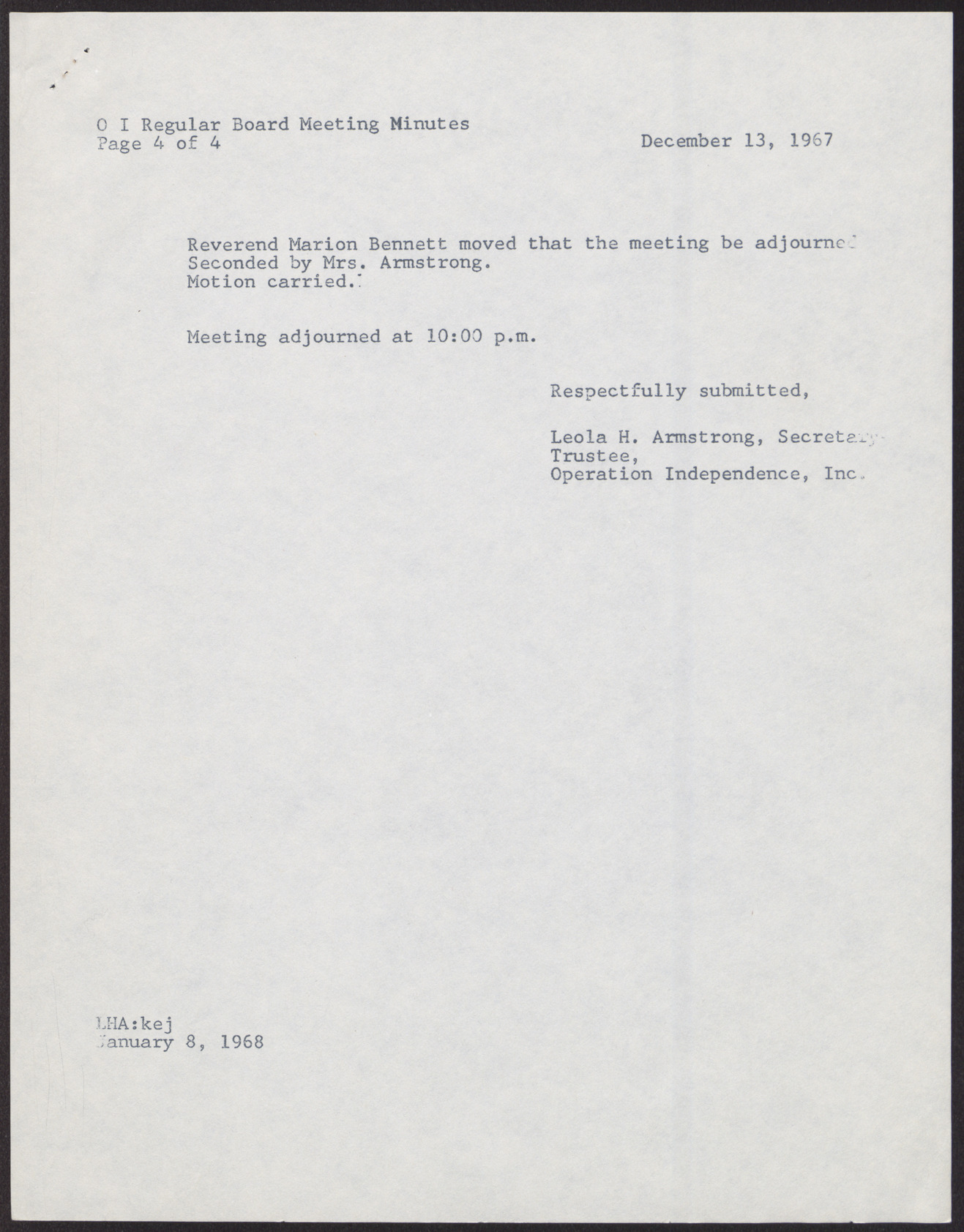 Minutes of Operation Independence Regular Board Meeting (4 pages), December 13, 1967, page 4