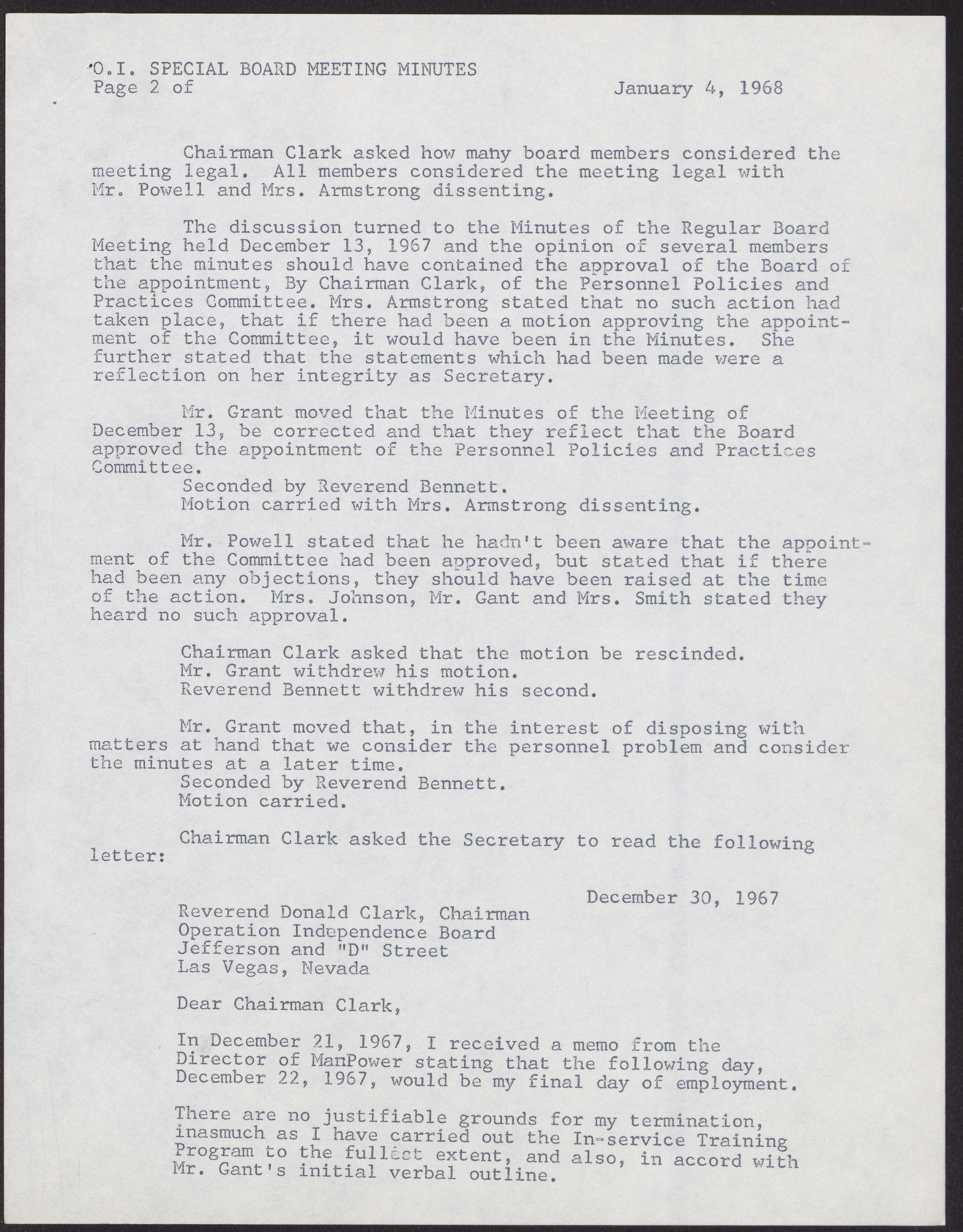 Minutes of Special Meeting of Operation Independence Board (5 pages), January 4, 1968, page 2