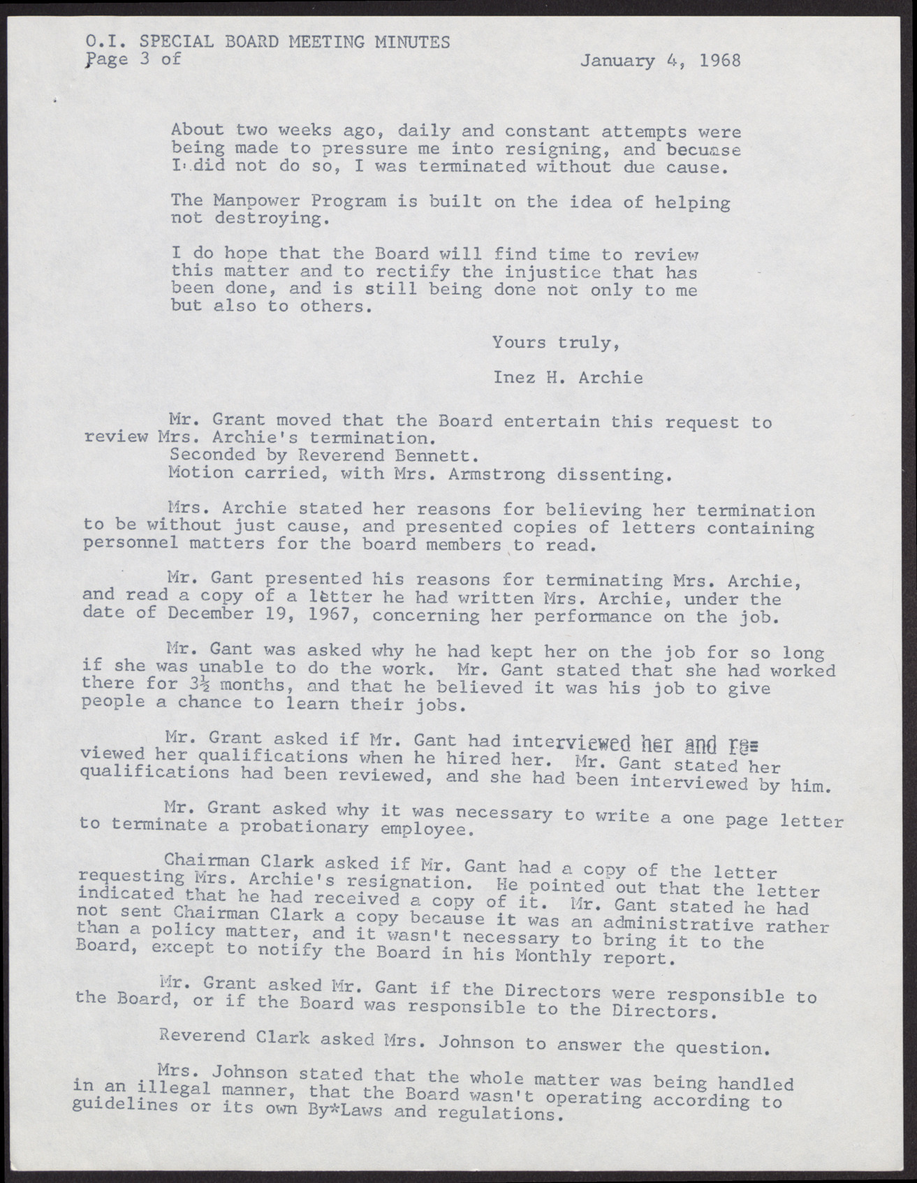 Minutes of Special Meeting of Operation Independence Board (5 pages), January 4, 1968, page 3