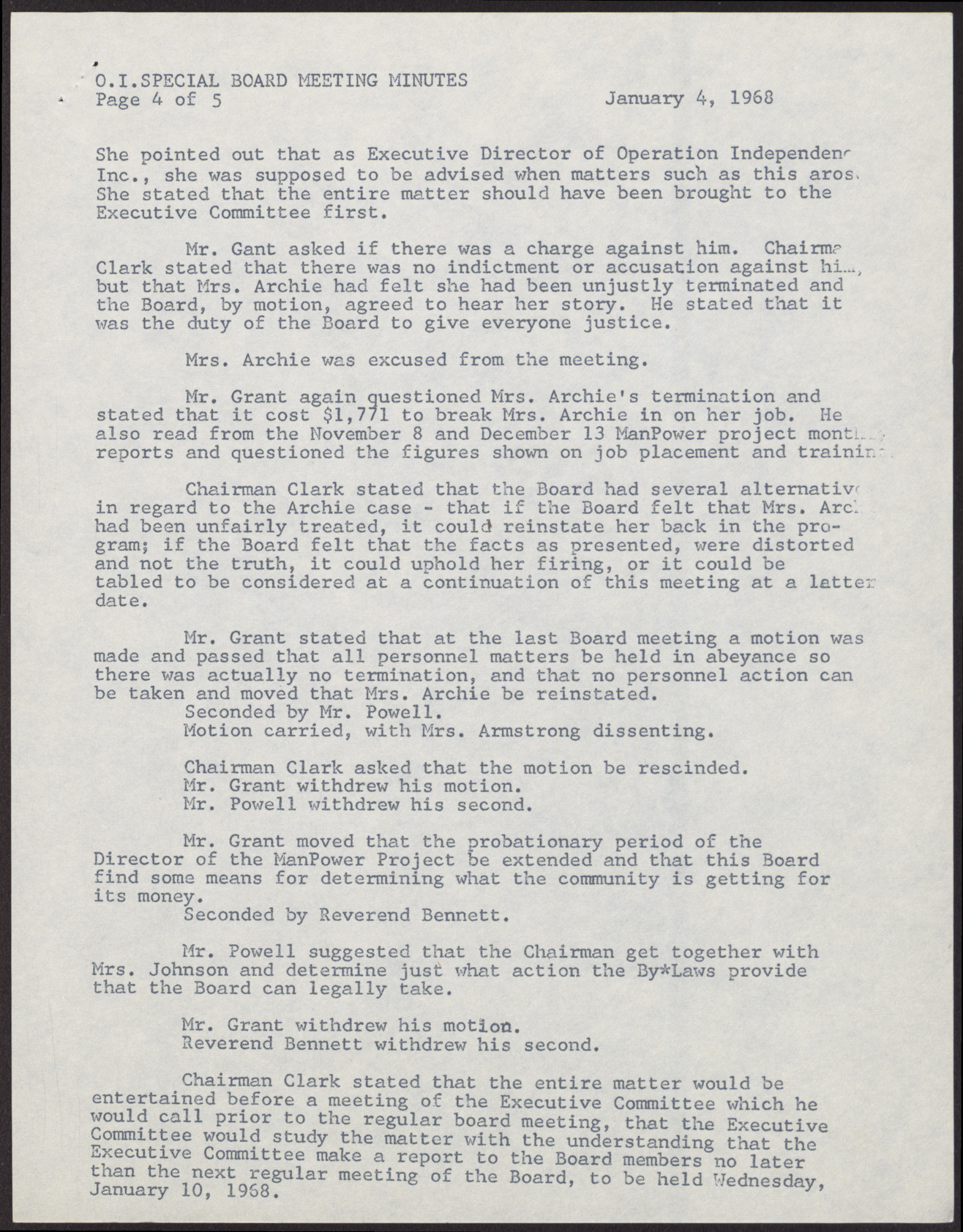 Minutes of Special Meeting of Operation Independence Board (5 pages), January 4, 1968, page 4