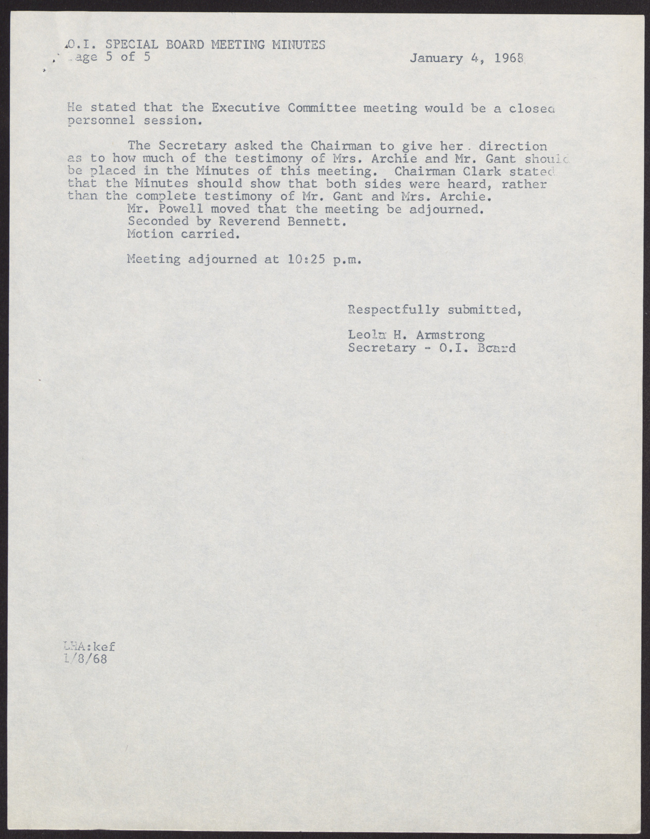 Minutes of Special Meeting of Operation Independence Board (5 pages), January 4, 1968, page 5