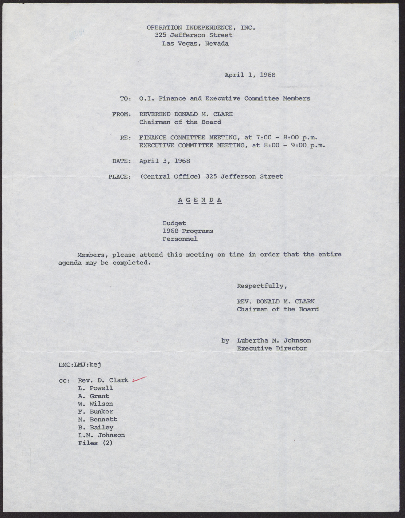 Memo and Agenda to Operation Independence Finance and Executive Committee Members from Reverend Donald M. Clark, April 1, 1968