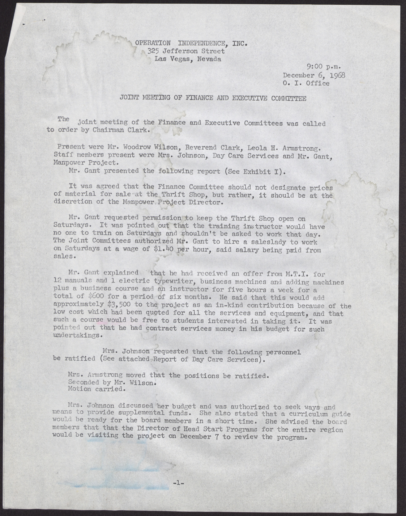 Minutes from Operation Independence Joint Meeting of Finance and Executive Committee (4 pages), December 6, 1968