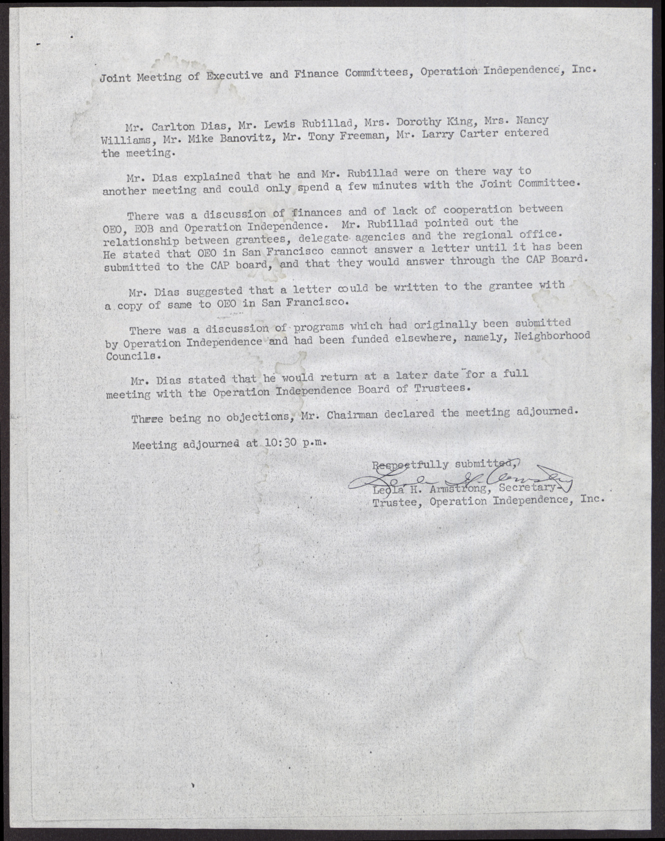 Minutes from Operation Independence Joint Meeting of Finance and Executive Committee (4 pages), December 6, 1968, page 2