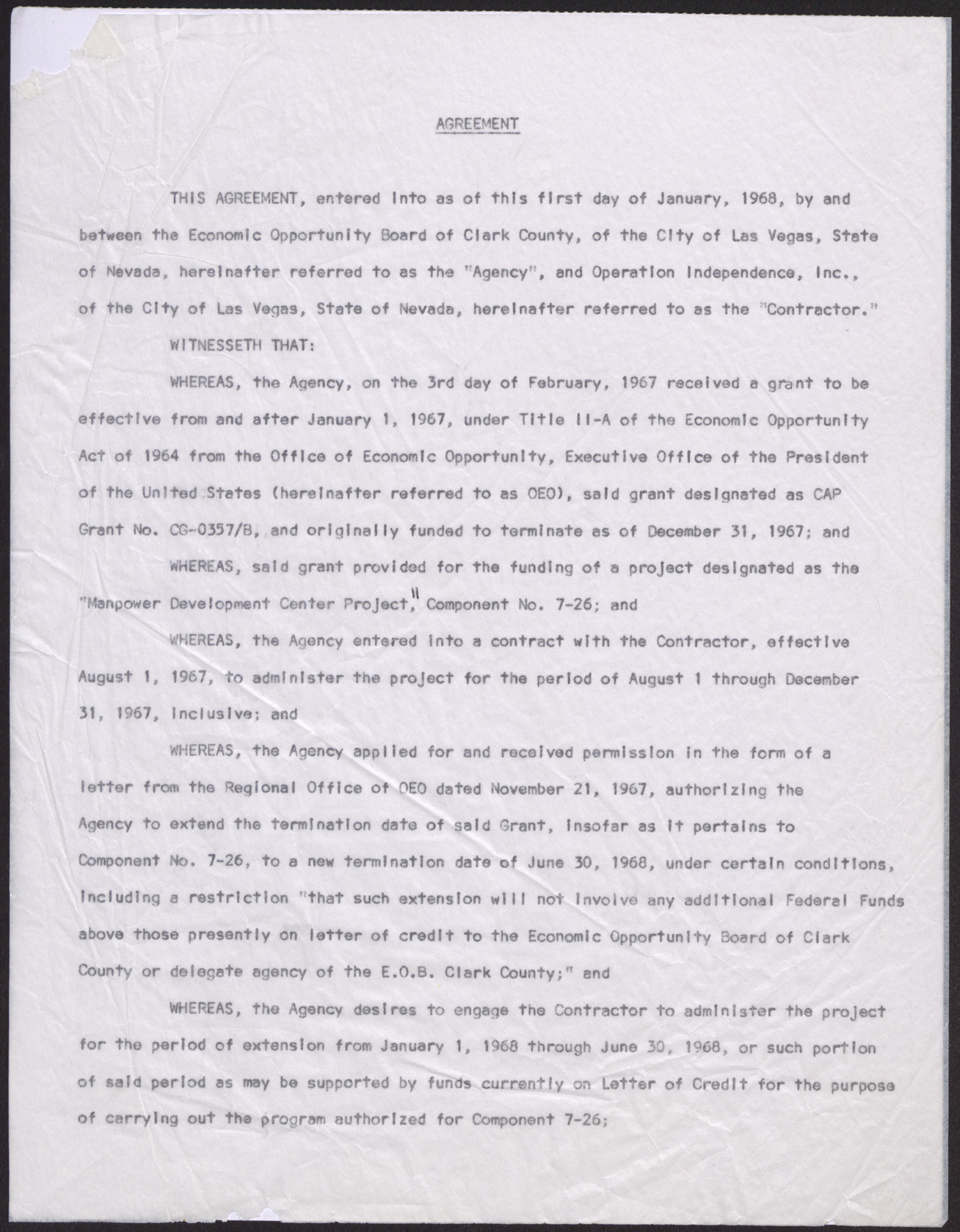 Contract of agreement between the EOB and Operation Independence, Inc., January 1, 1968