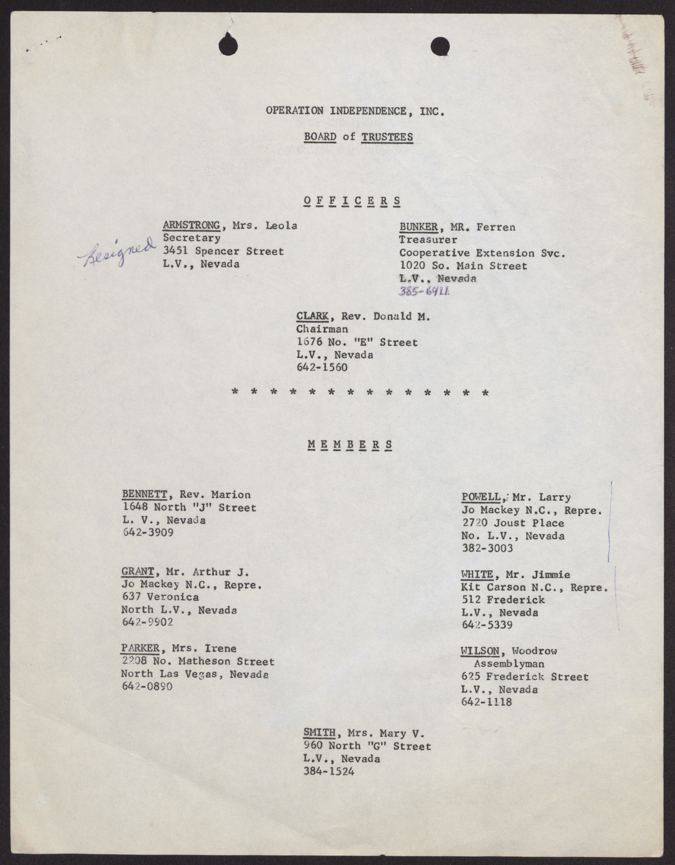 Operation Independence list of members and officers, no date