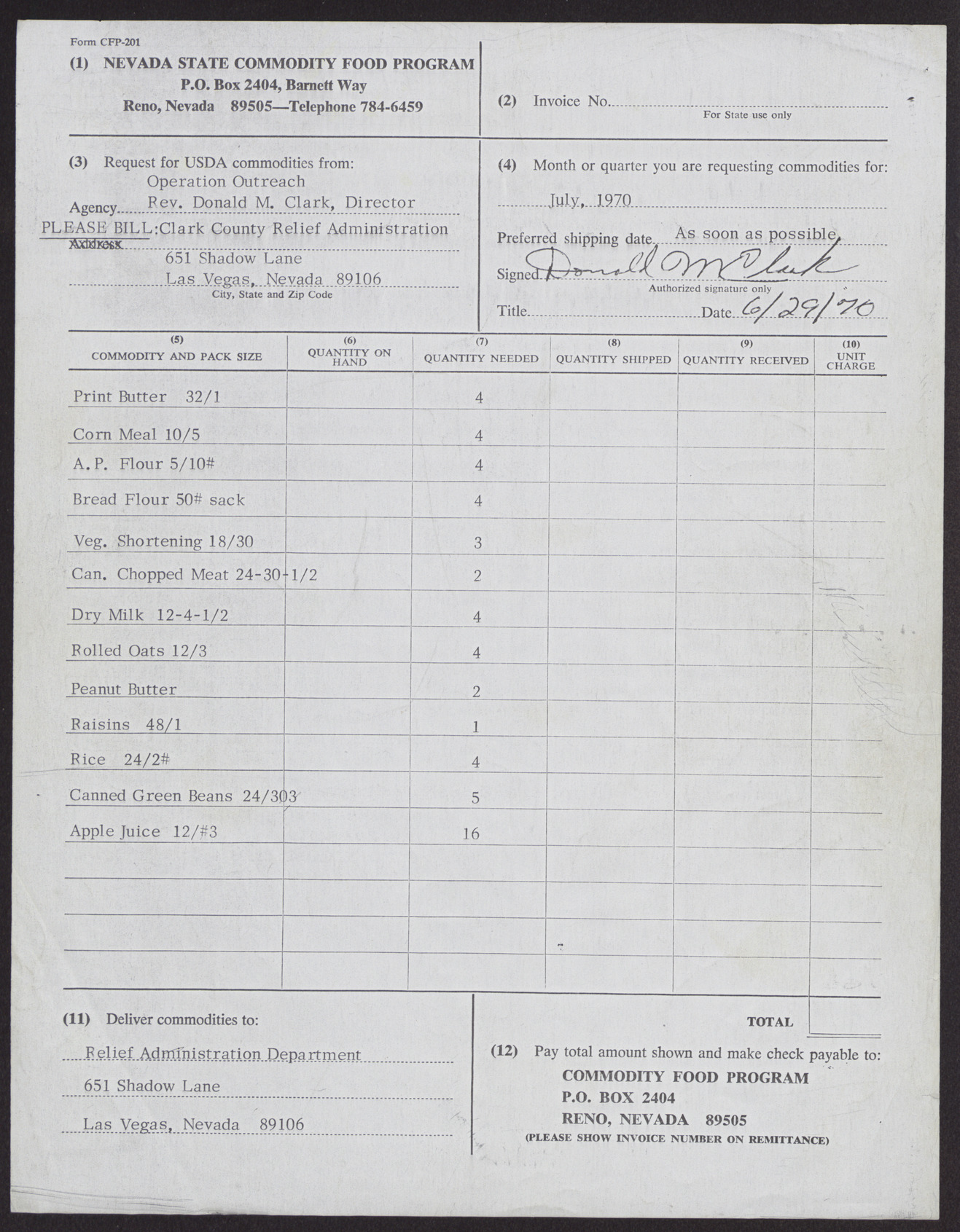 Request for USDA commodities for July 1970