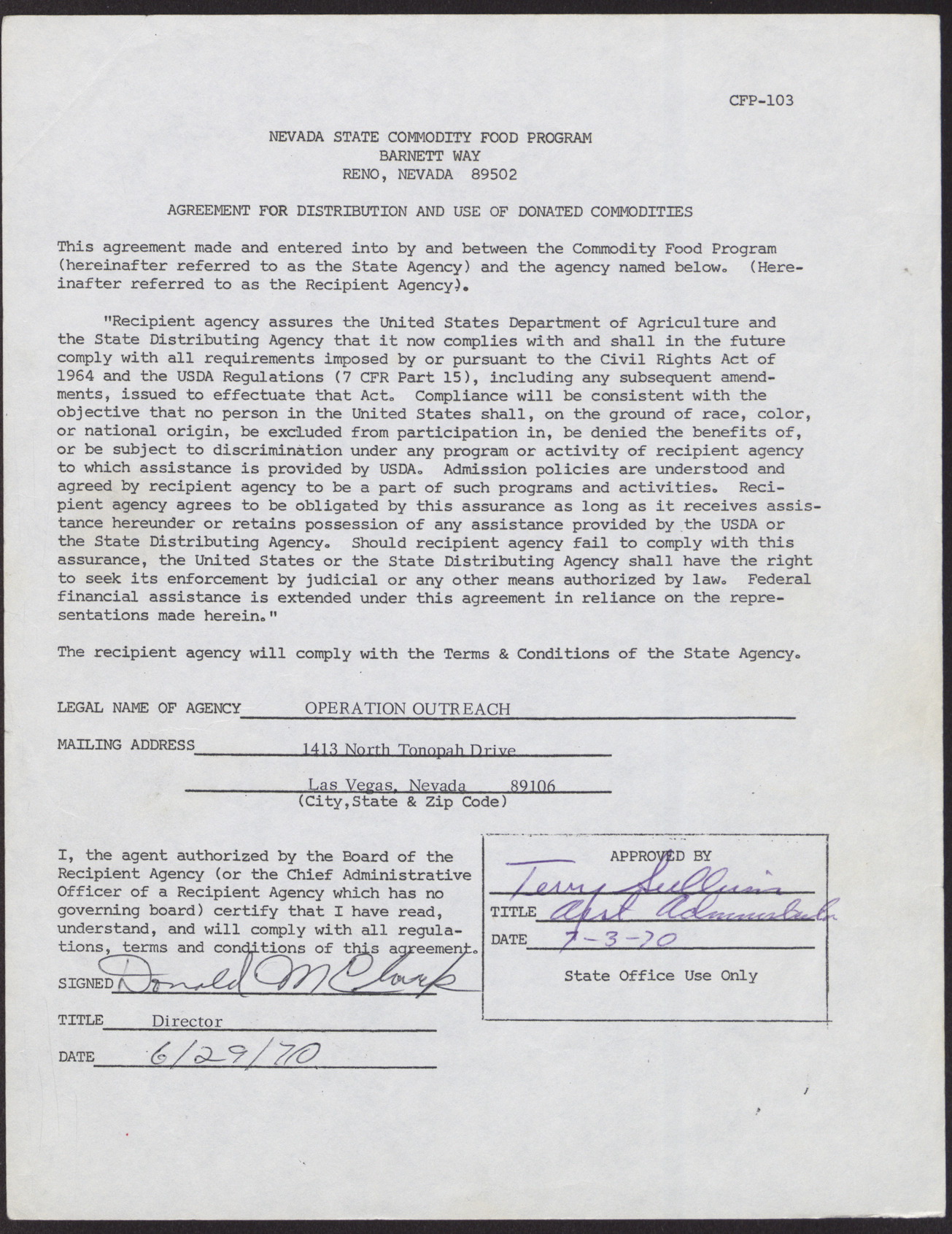 Contract of Agreement between the Commodity Food Program and Operation Outreach, June 29, 1970