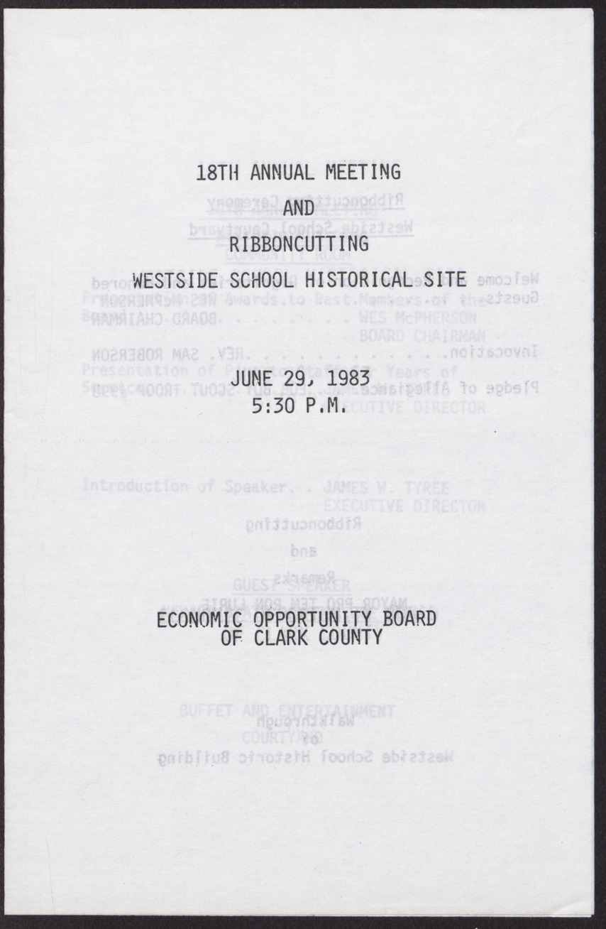 Program for the 18th Annual Meeting and Ribbon cutting, Westside School Historical Site (4 pages), June 29, 1983