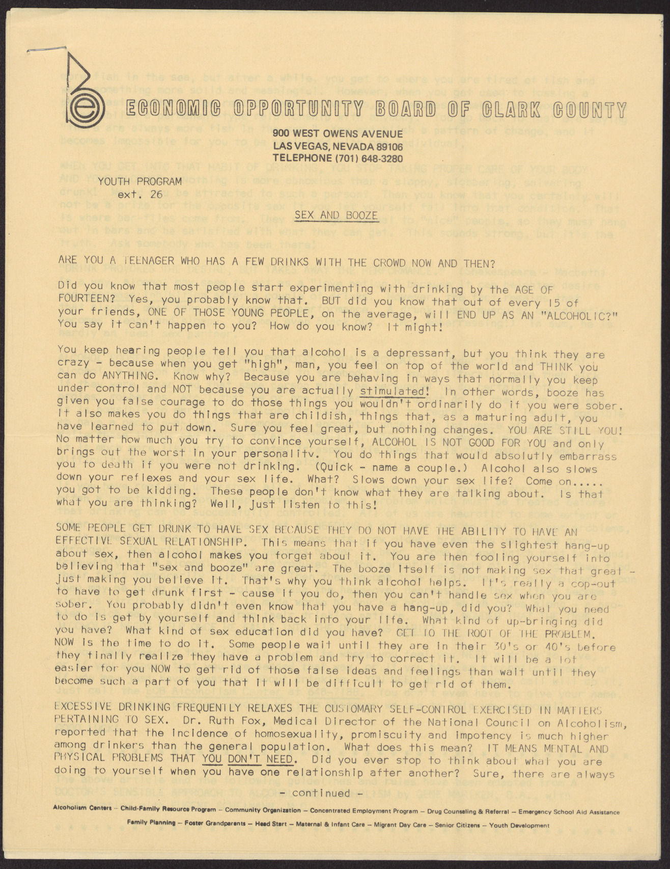 Article for the EOB Youth Program entitled "Sex and Booze" (4 pages), no date