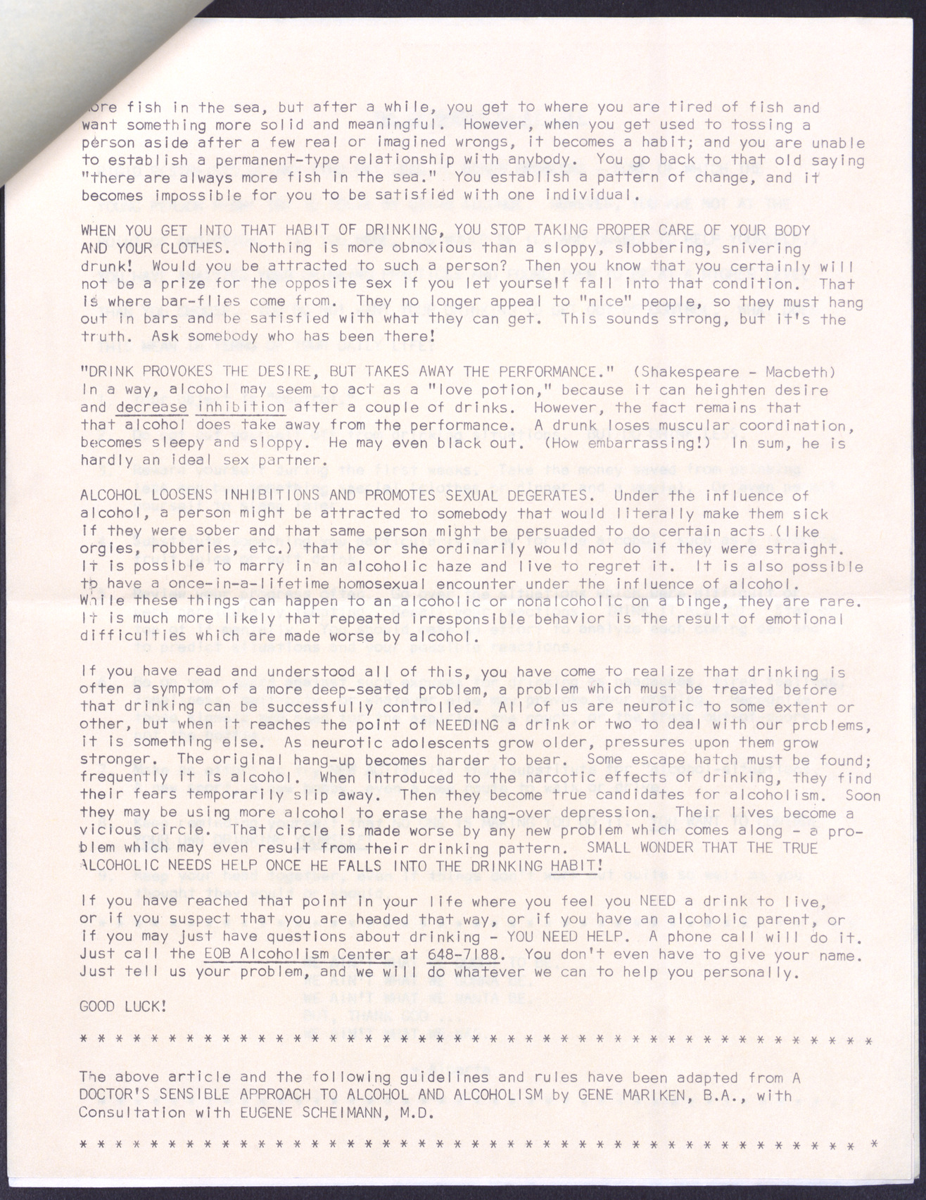 Article for the EOB Youth Program entitled "Sex and Booze" (4 pages), no date, page 2