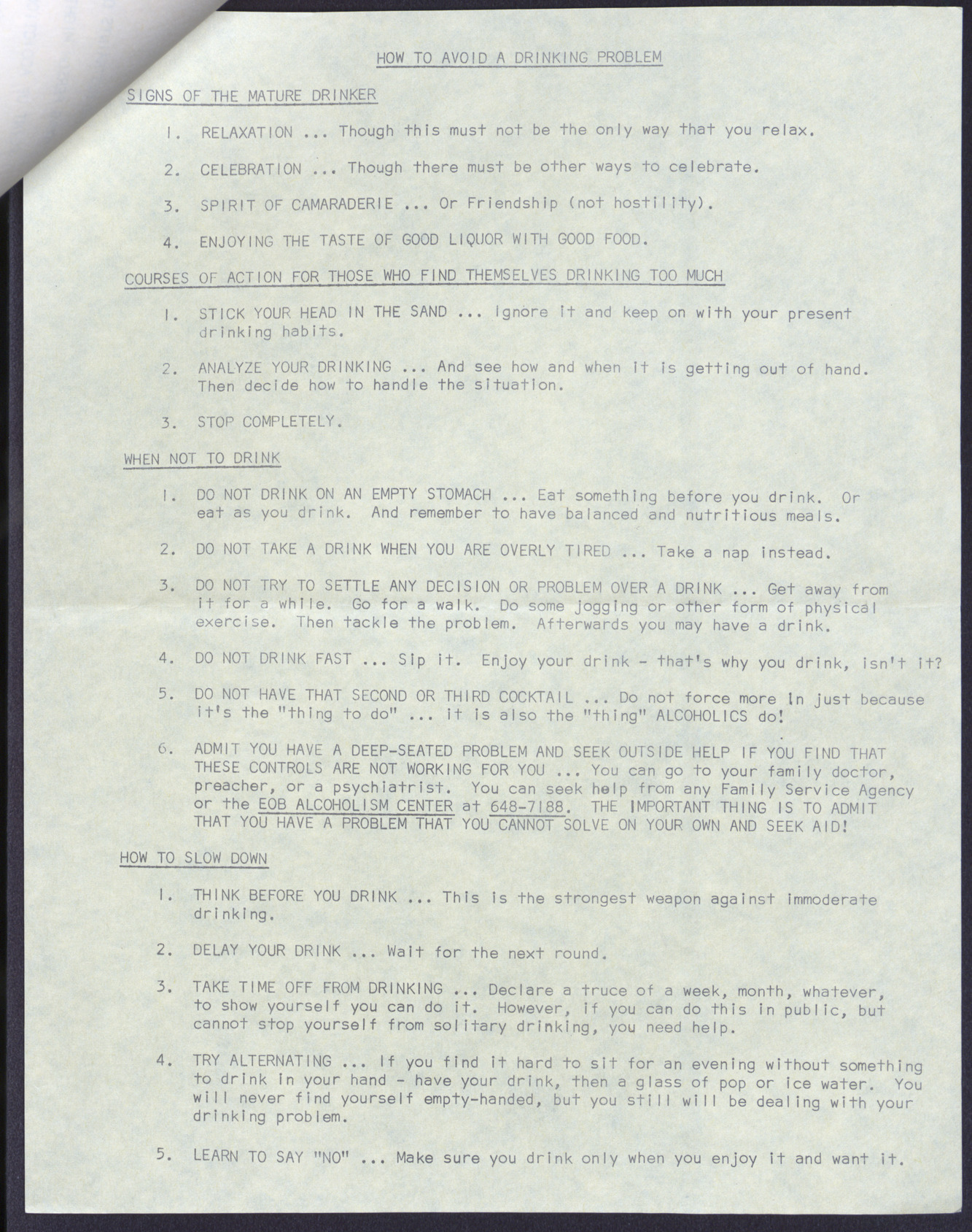 Article for the EOB Youth Program entitled "Sex and Booze" (4 pages), no date, page 4