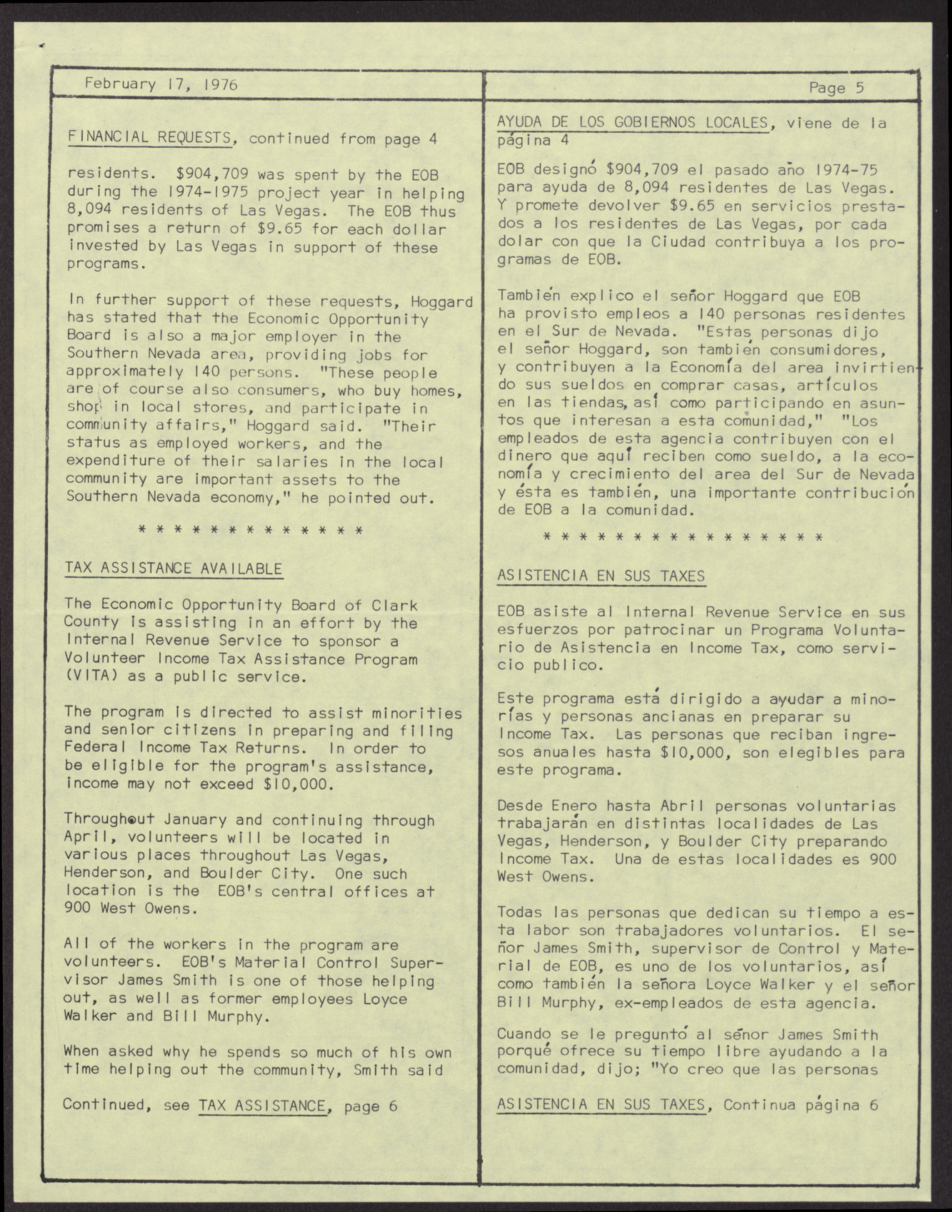 EOB Bulletin newsletter (12 pages), February 17, 1976, page 5