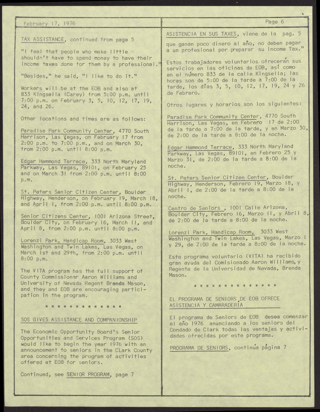 EOB Bulletin newsletter (12 pages), February 17, 1976, page 6