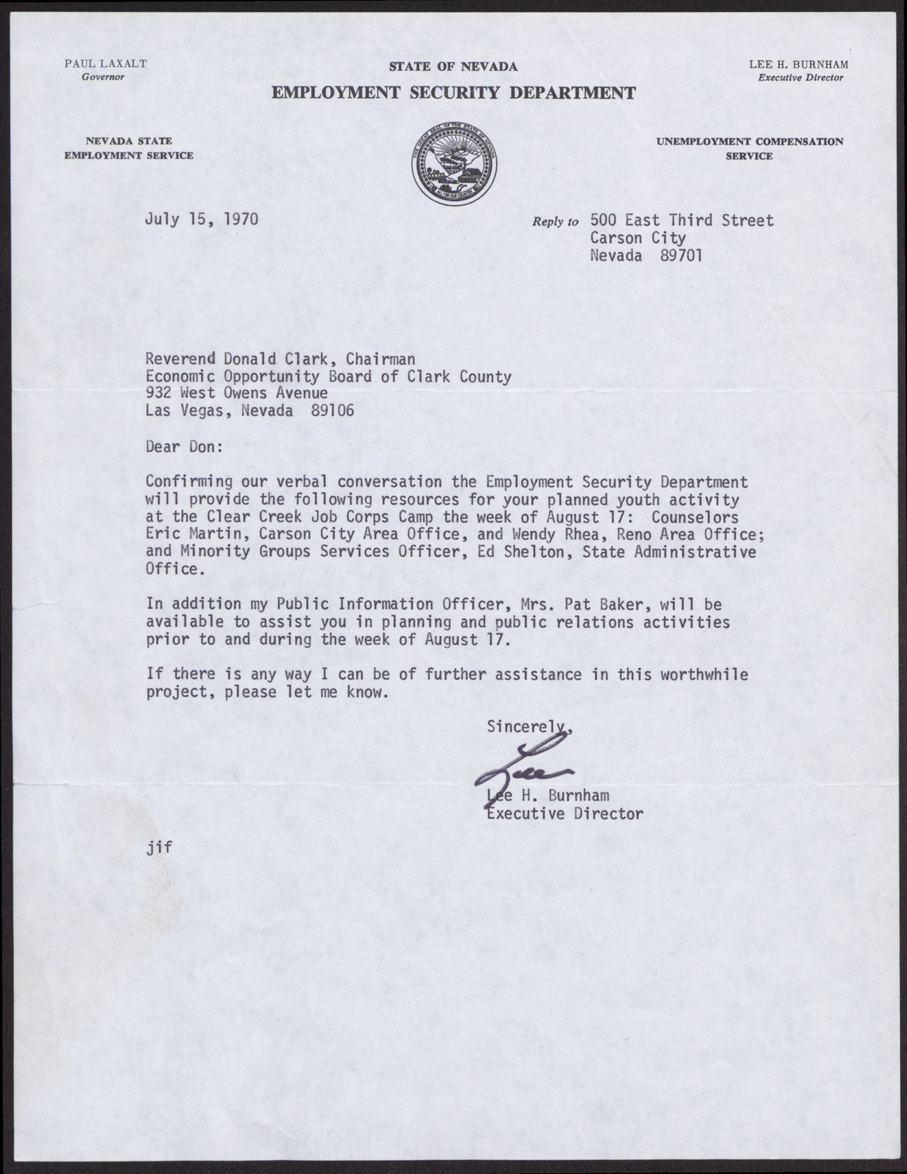 Letter to Reverend Donald Clark from Lee H. Burnham, July 15, 1970