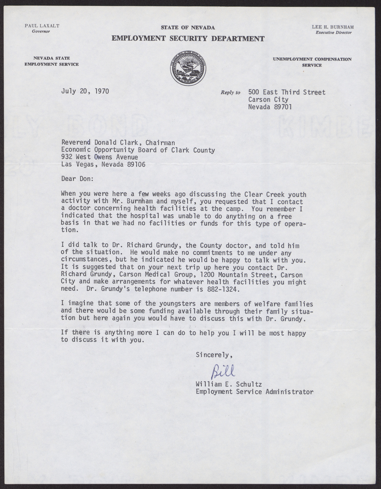 Letter to Reverend Donald Clark from William E. Schultz, July 20, 1970