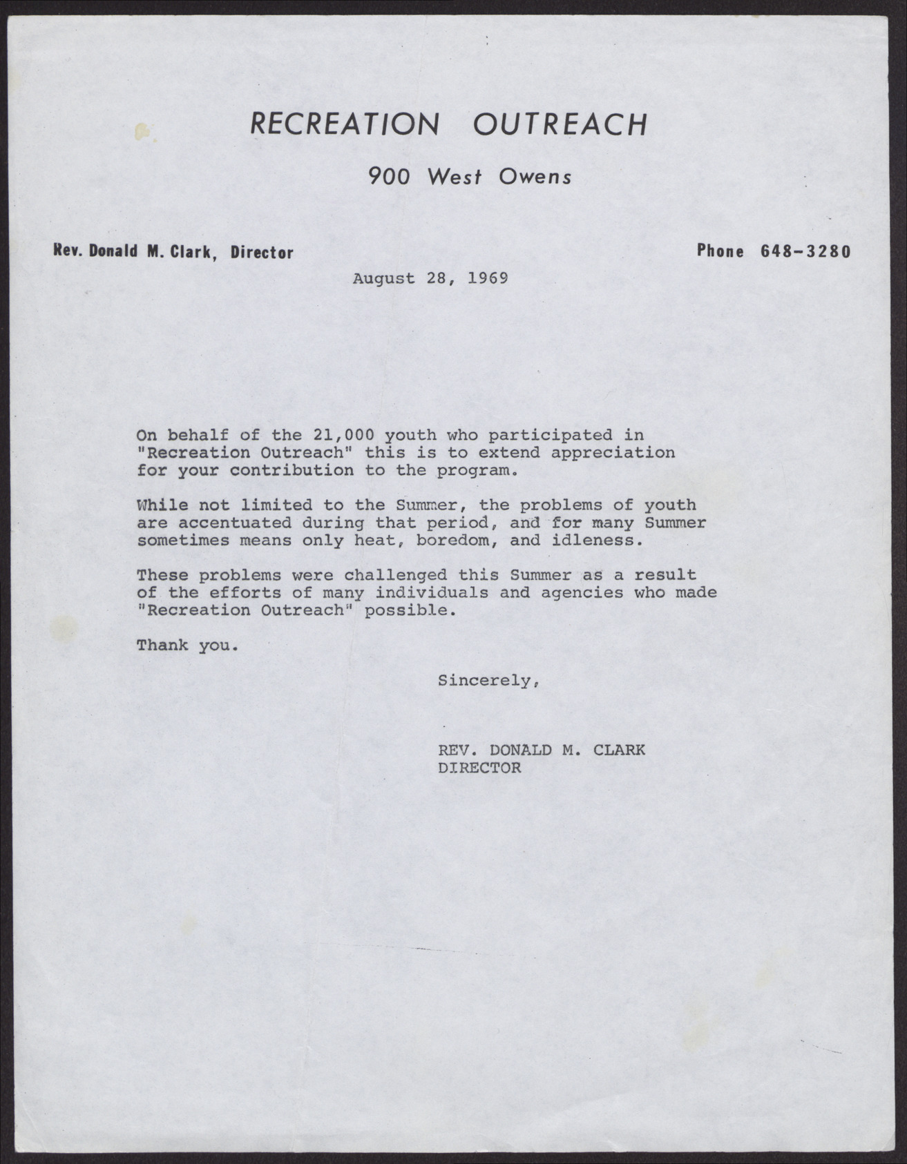 Thank you letter from Rev. Donald M. Clark on behalf of Recreation Outreach, August 28, 1969