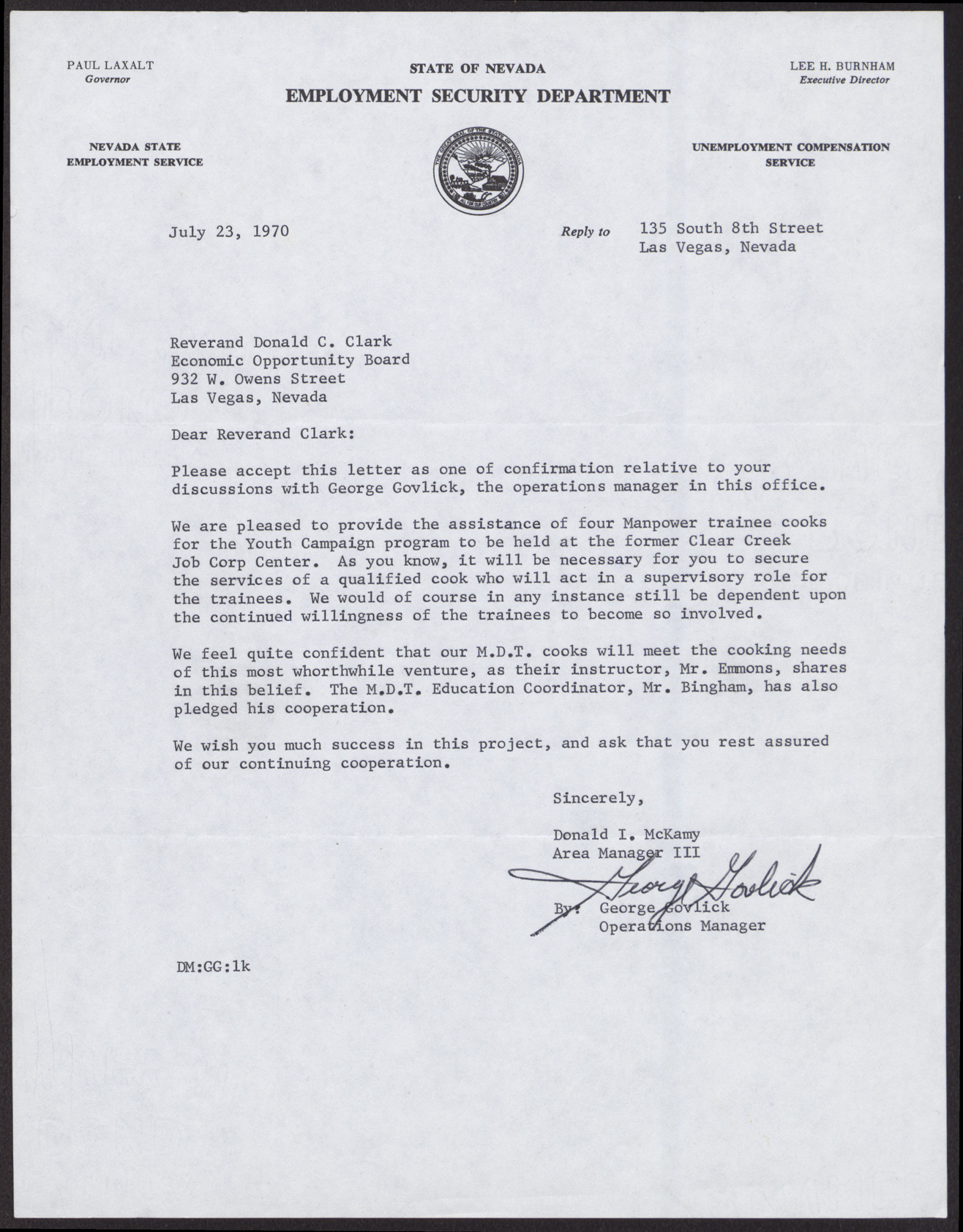 Letter to Reverend Donald Clark from Donald I. McKamy, July 23, 1970
