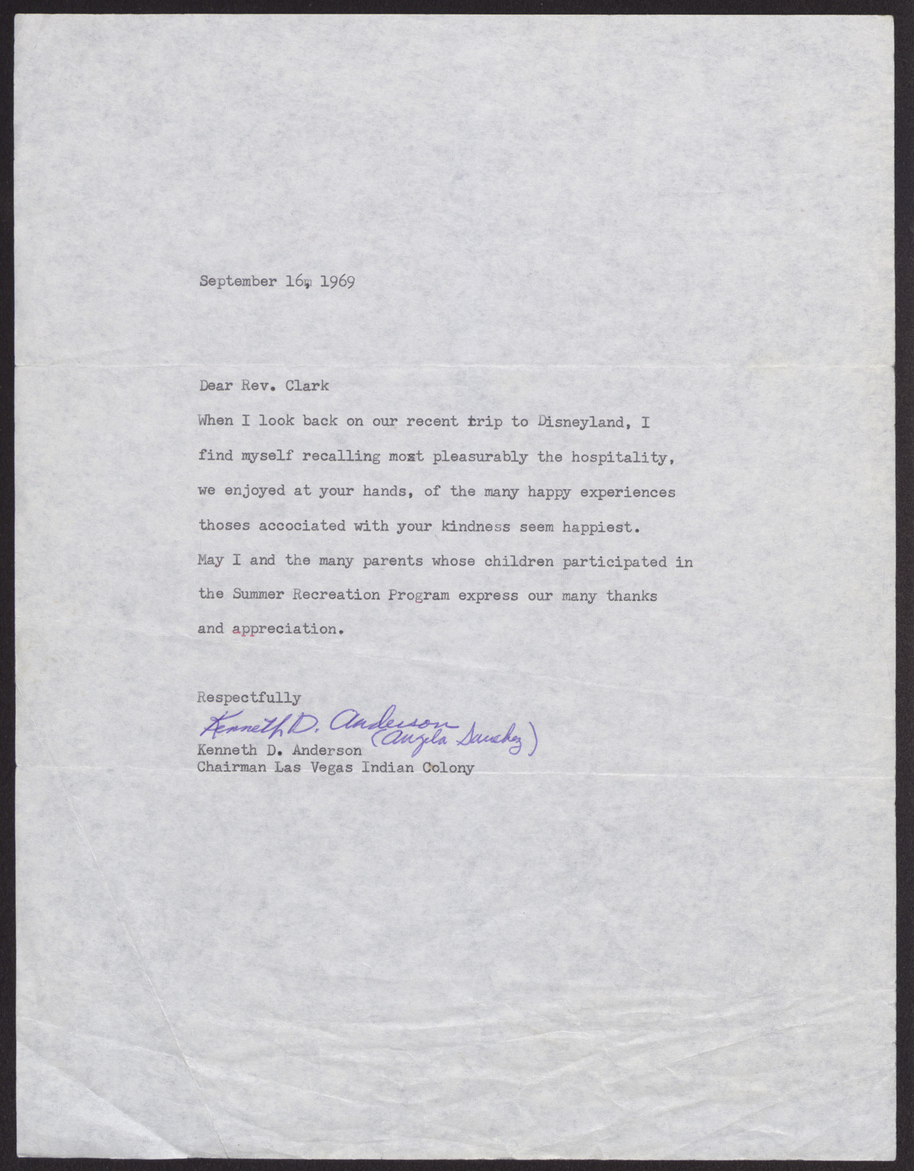 Letter to Rev. Clark from Kenneth D. Anderson, September 16, 1969
