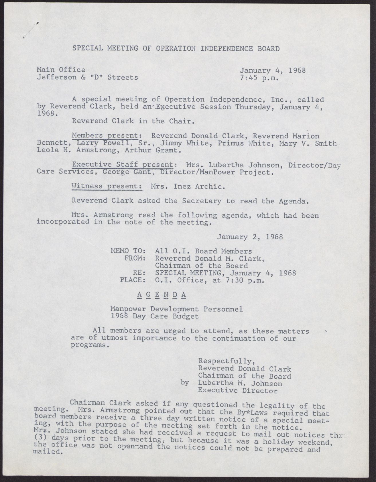 Minutes of Special Meeting of Operation Independence Board (5 pages), January 4, 1968
