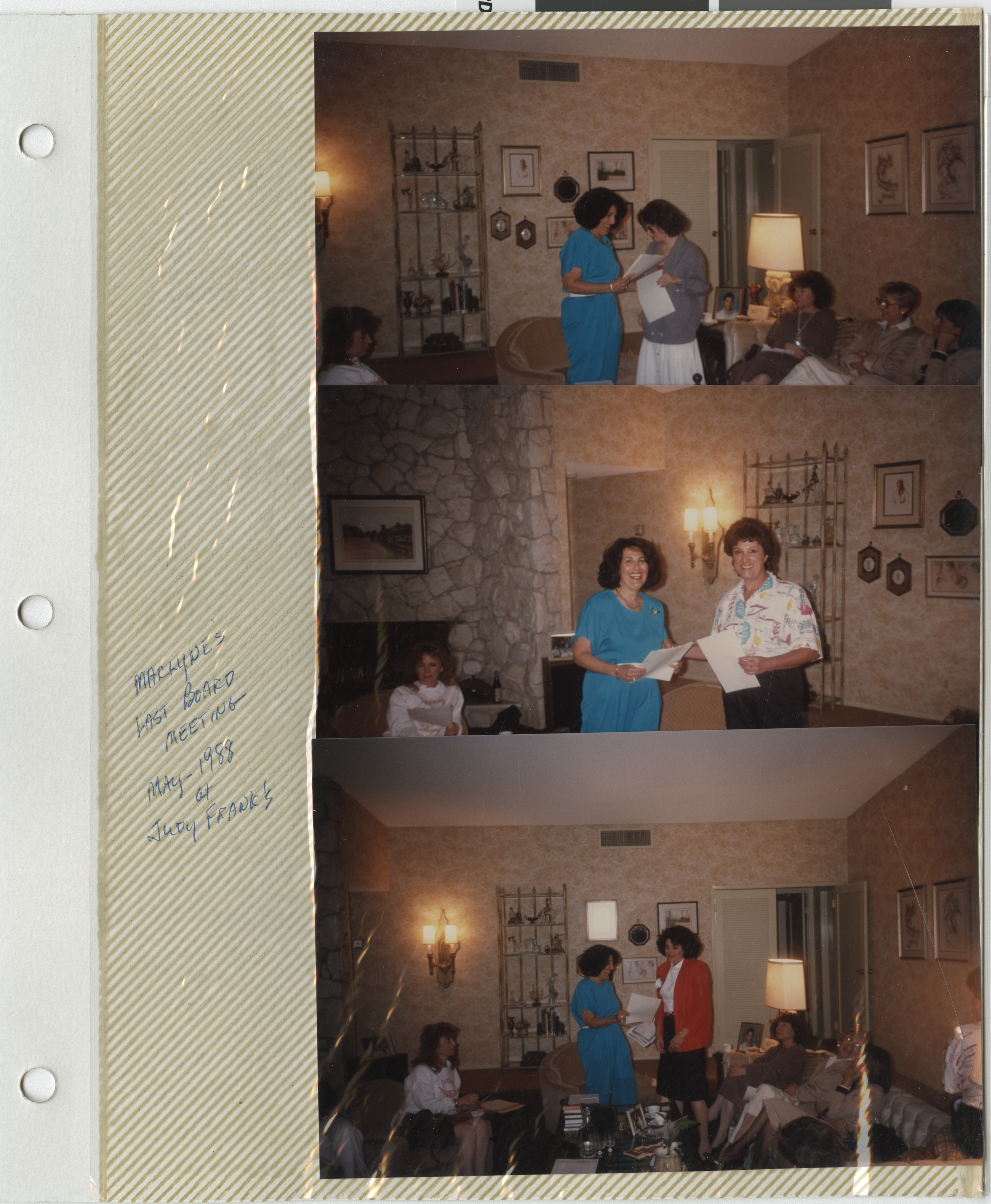Photo album page: Maclyde's last board meeting at Judy Frank's, May 1988
