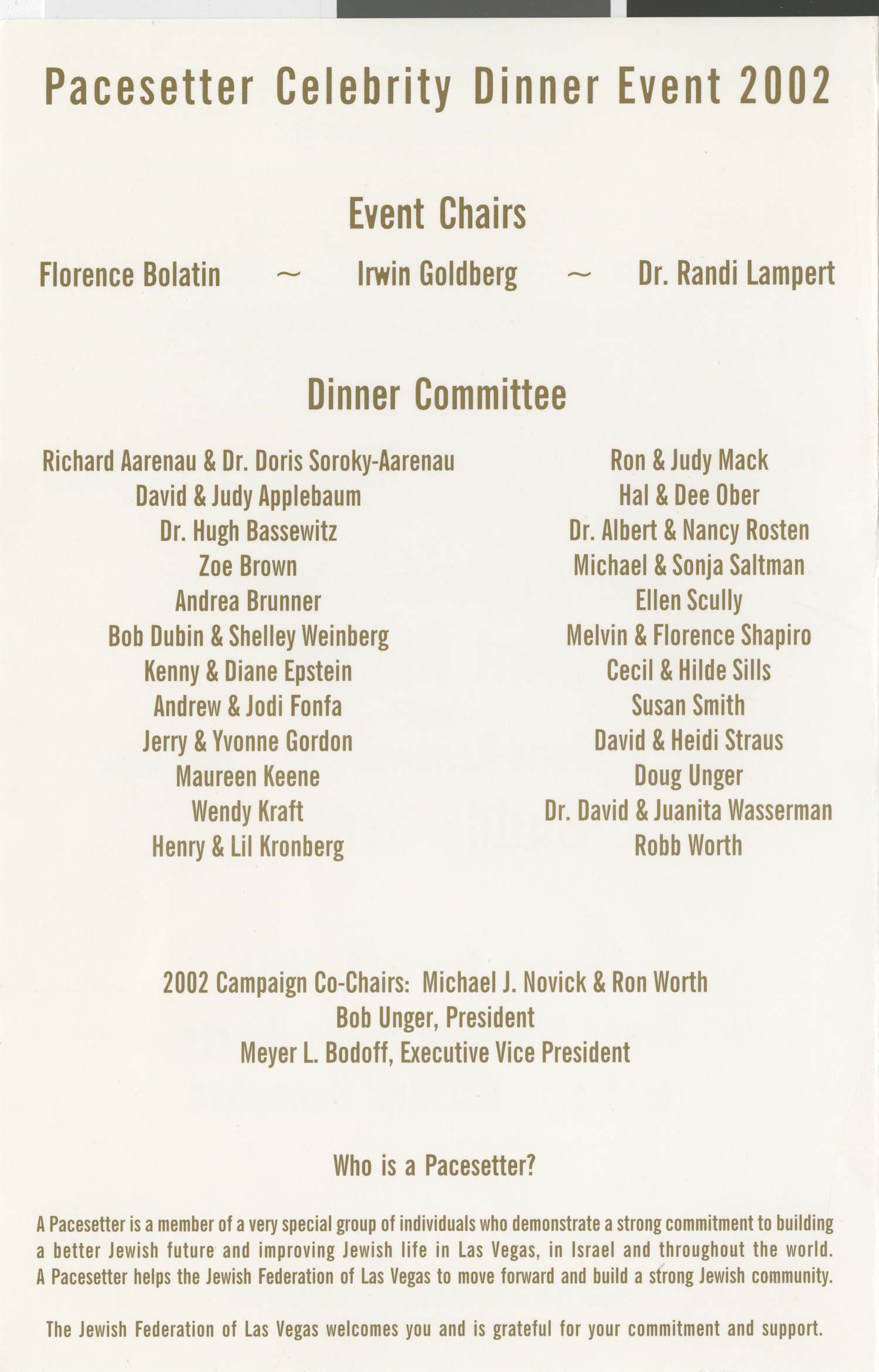 Program from Pacesetter Celebrity Dinner event, March 3, 2002