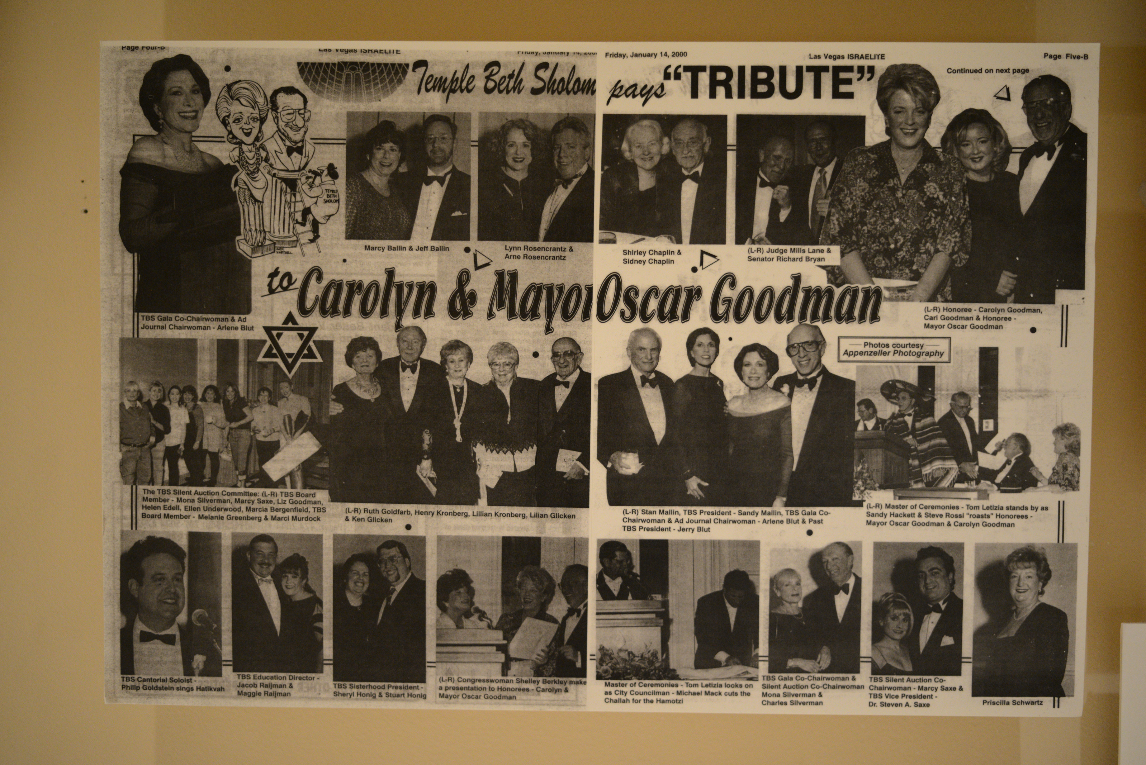Photograph of newspaper clipping, Temple Beth Sholom pays tribute to Carolyn and Mayor Oscar Goodman, Las Vegas Israelite, January 14, 2000