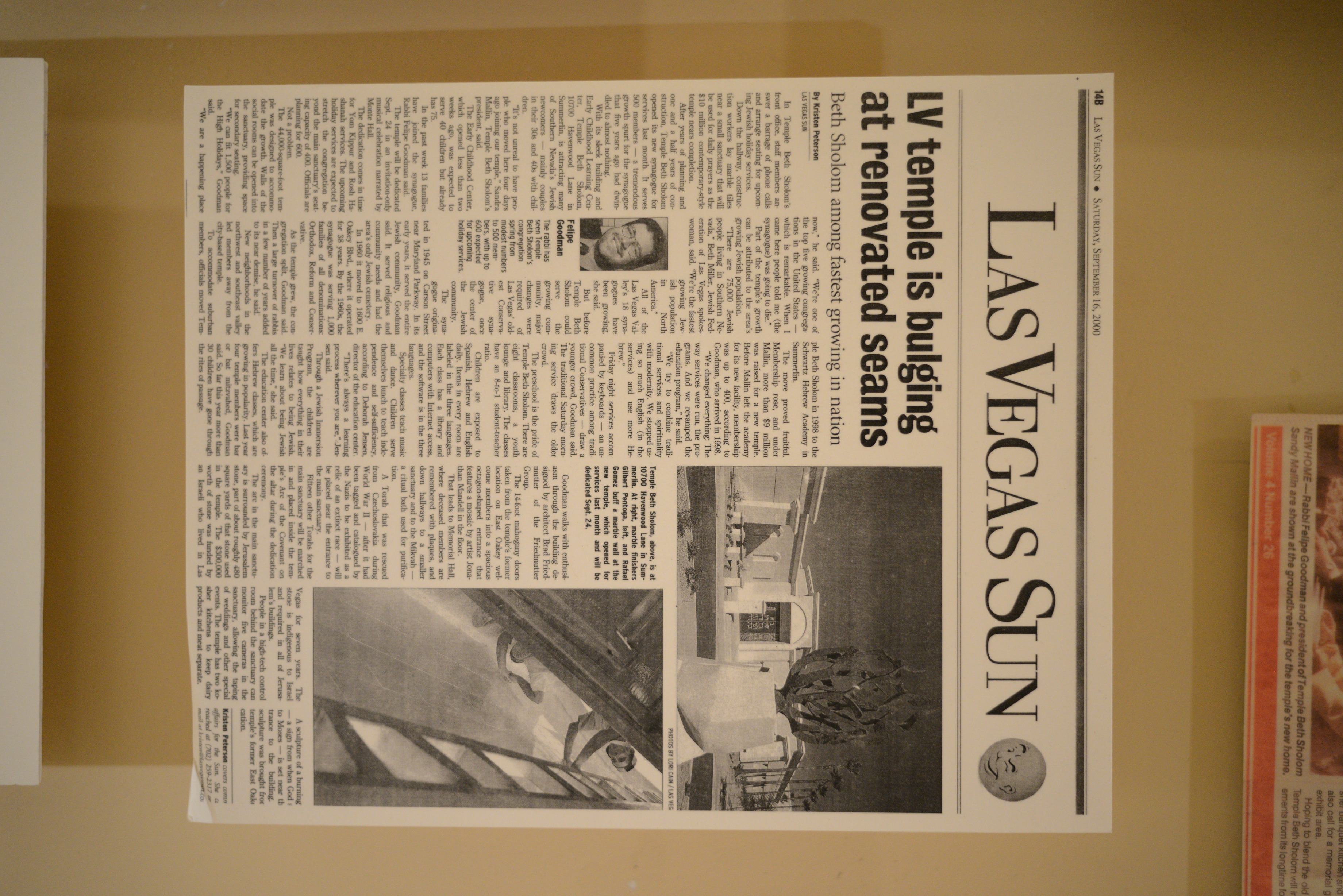 Photograph of newspaper clipping, LV temple is bulging at renovated seams: Beth Sholom among fastest growing in nation, Las Vegas Sun, September 16, 2000
