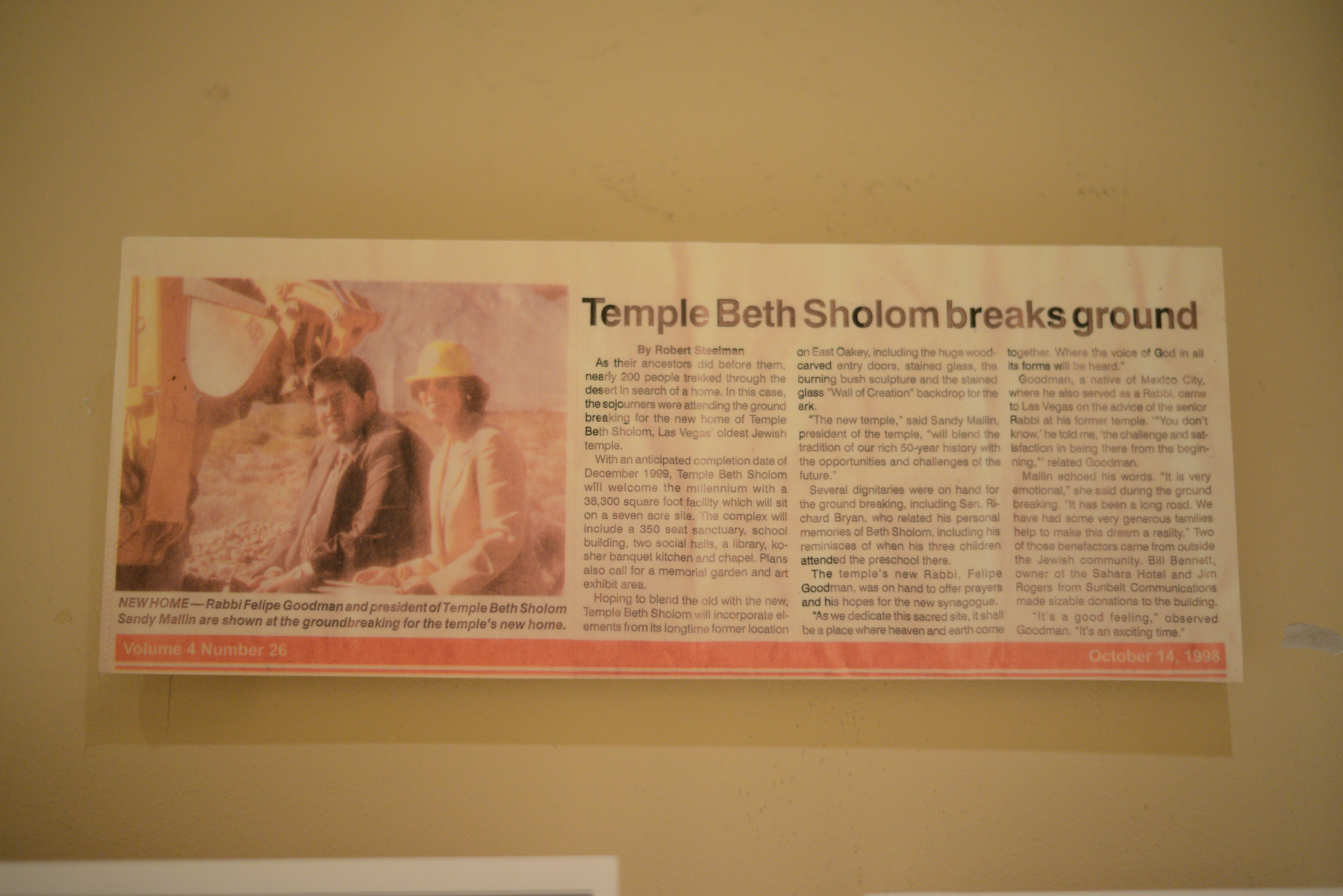 Photograph of newspaper clipping, Temple Beth Sholom breaks ground, publication unknown, October 14, 1998